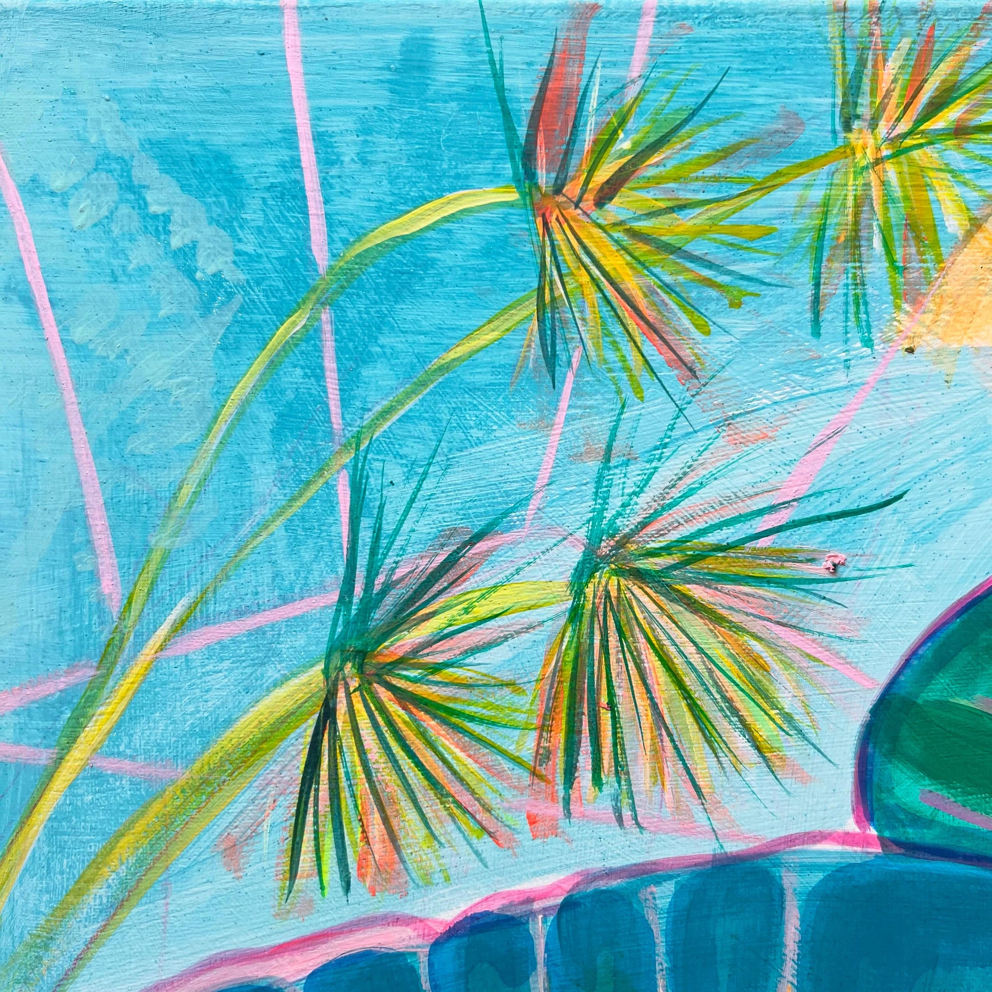 Abstract botanical painting with colorful palm leaves and blue background by Kathryn Sillince