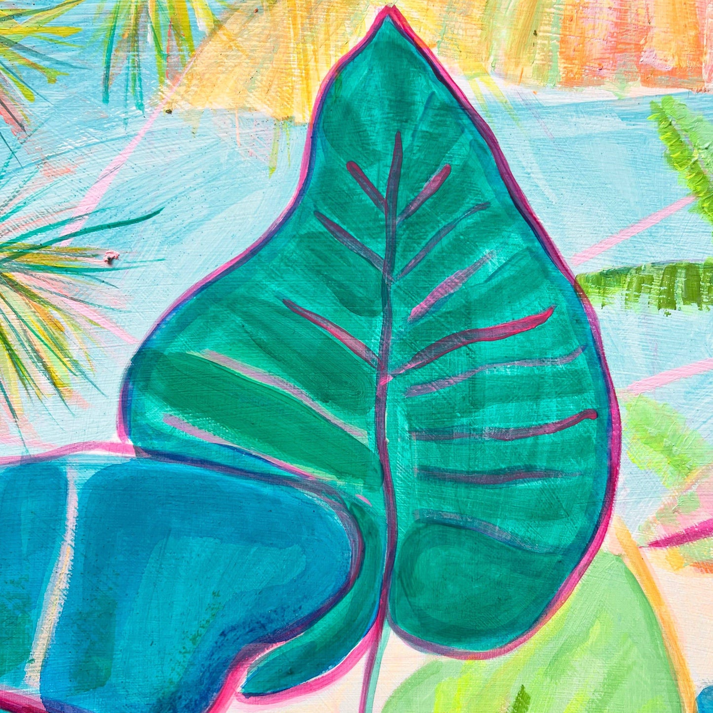 Abstract botanical painting featuring a large teal leaf with magenta outline and colorful background