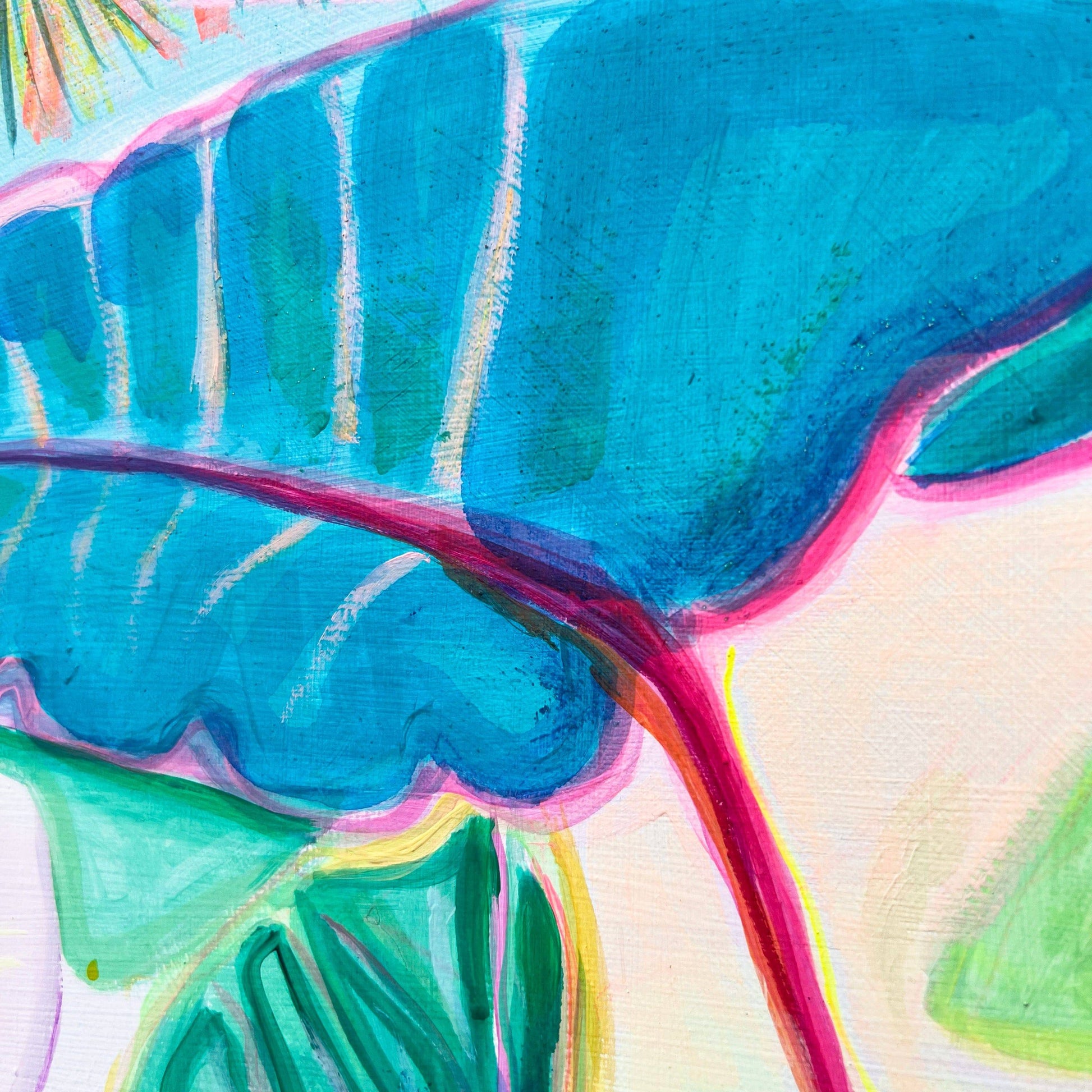 Close-up of vibrant blue and green botanical painting with pink and yellow accents by Kathryn Sillince