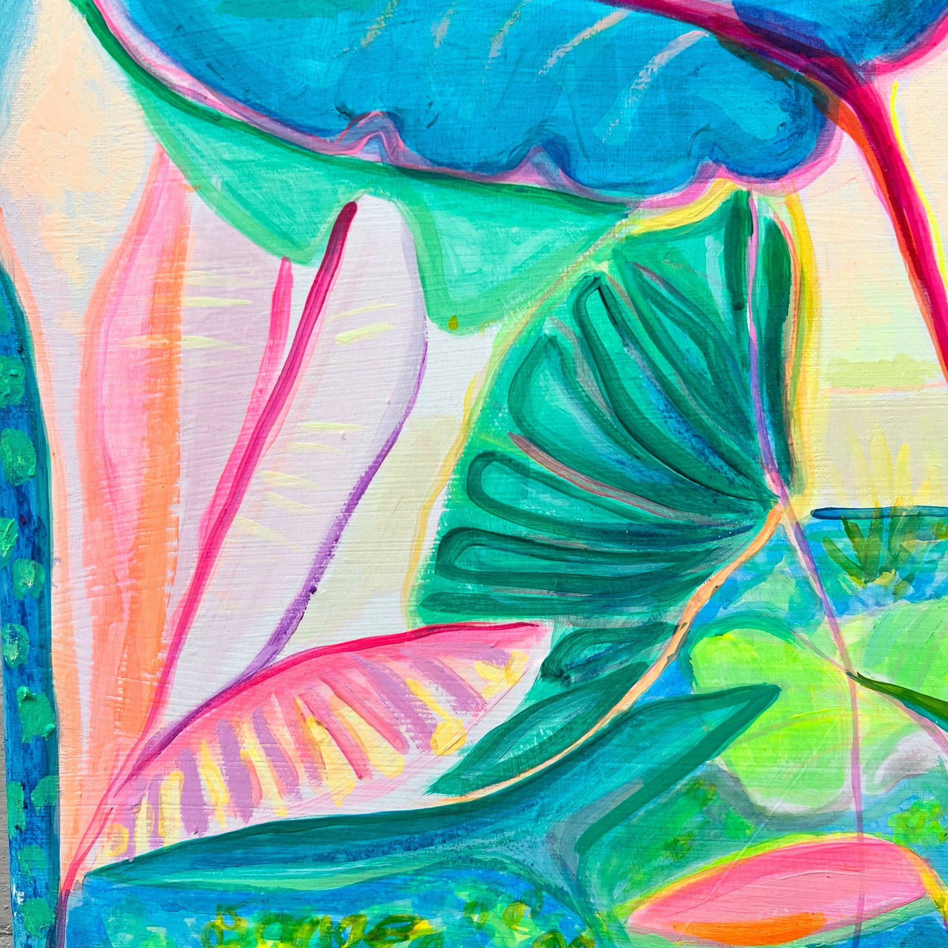 Abstract botanical painting with vibrant blue, green, pink, and yellow leaves by Kathryn Sillince
