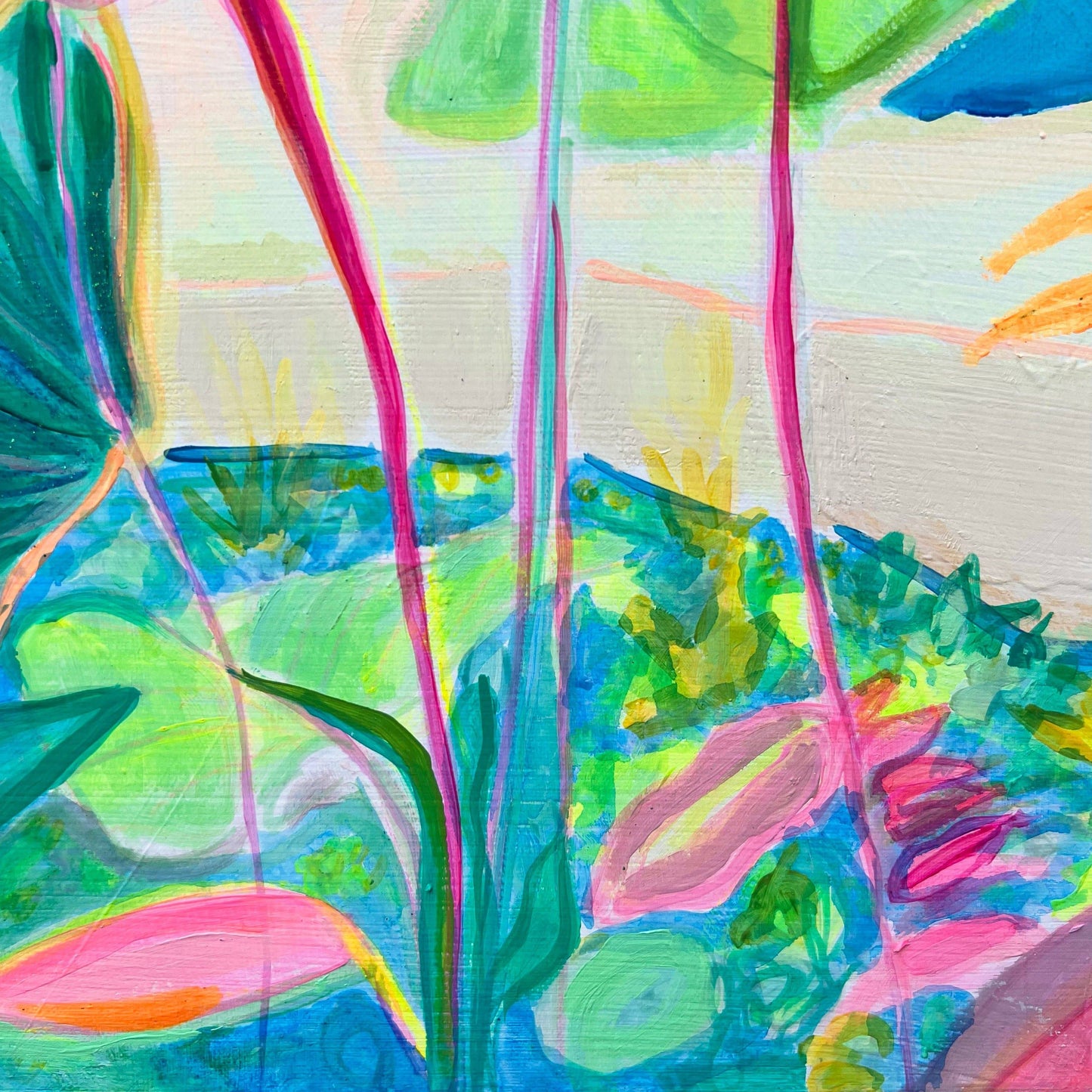 Abstract botanical painting by Kathryn Sillince with vibrant greens, pink stems, and blue accents