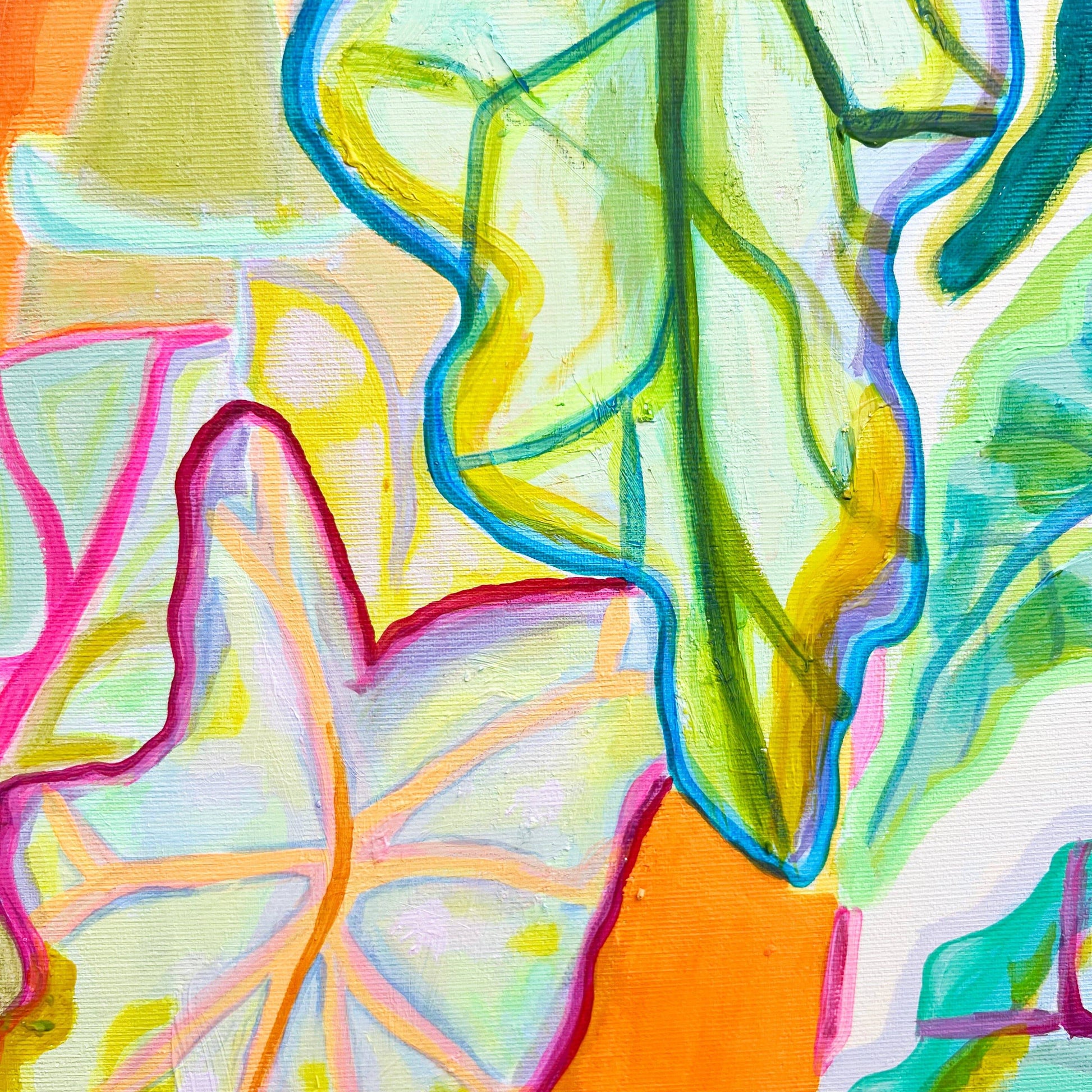 Bright abstract painting of large Alocasia leaves in vibrant green, orange, pink, and blue by Kathryn Sillince