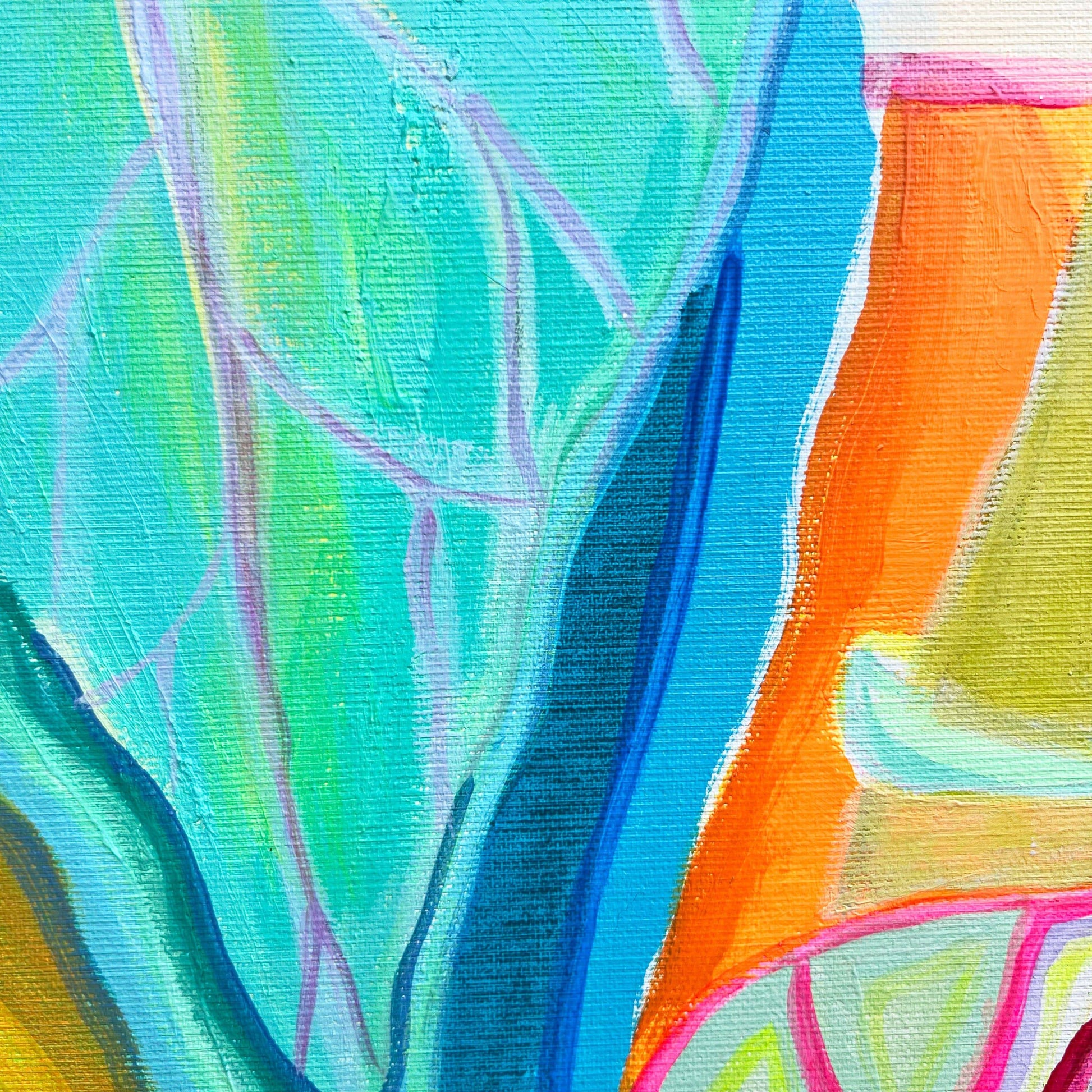 Abstract botanical painting by Kathryn Sillince featuring vibrant blue, green and orange Alocasia leaf patterns