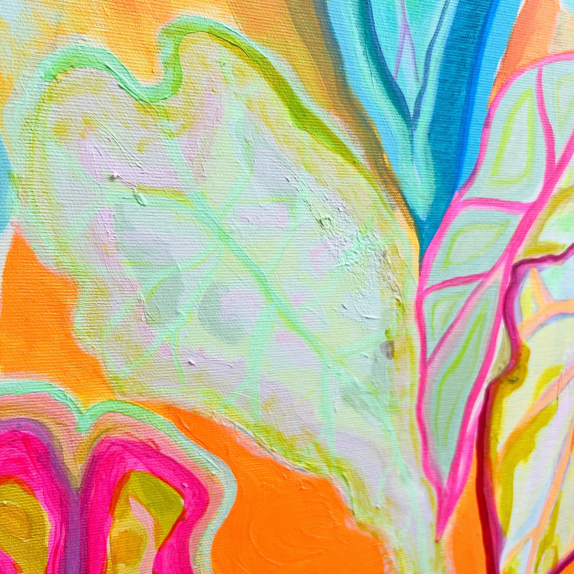 Abstract botanical painting with large colorful leaves in vibrant pink, orange, blue, and green hues