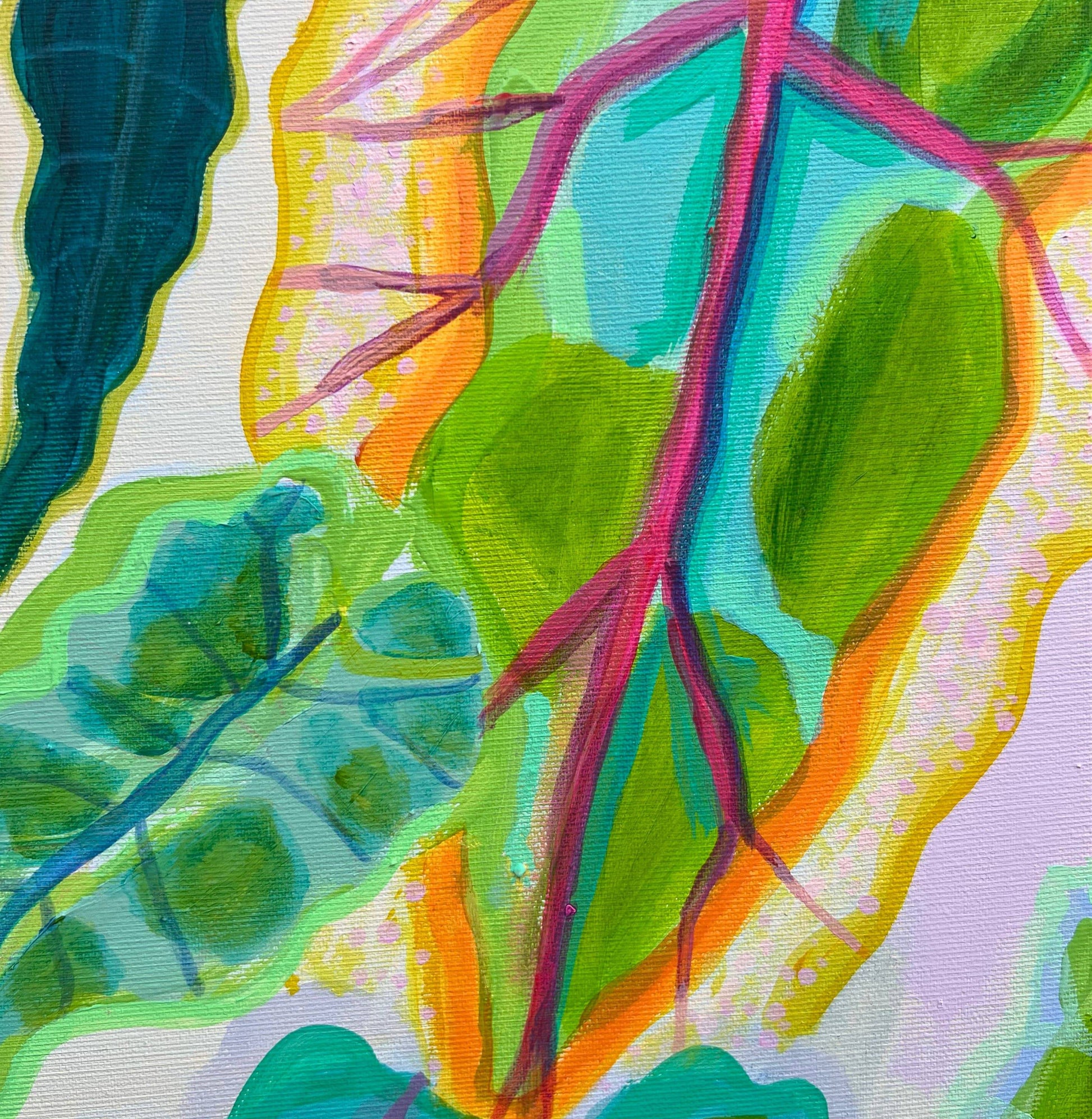 Abstract botanical painting of vibrant alocasia leaves with bold pink veins by artist Kathryn Sillince