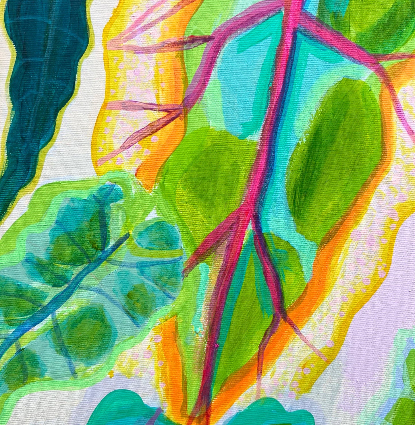 Abstract botanical painting featuring vibrant Alocasia leaves with bold colors and joyful kaleidoscopic palette