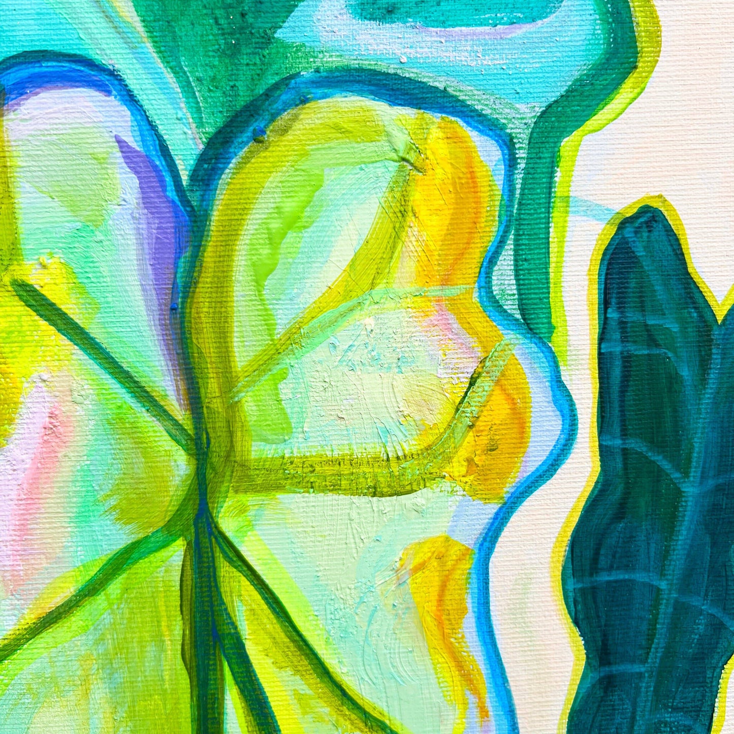 Abstract botanical painting of large alocasia leaves in vibrant greens, blues, and yellows on canvas