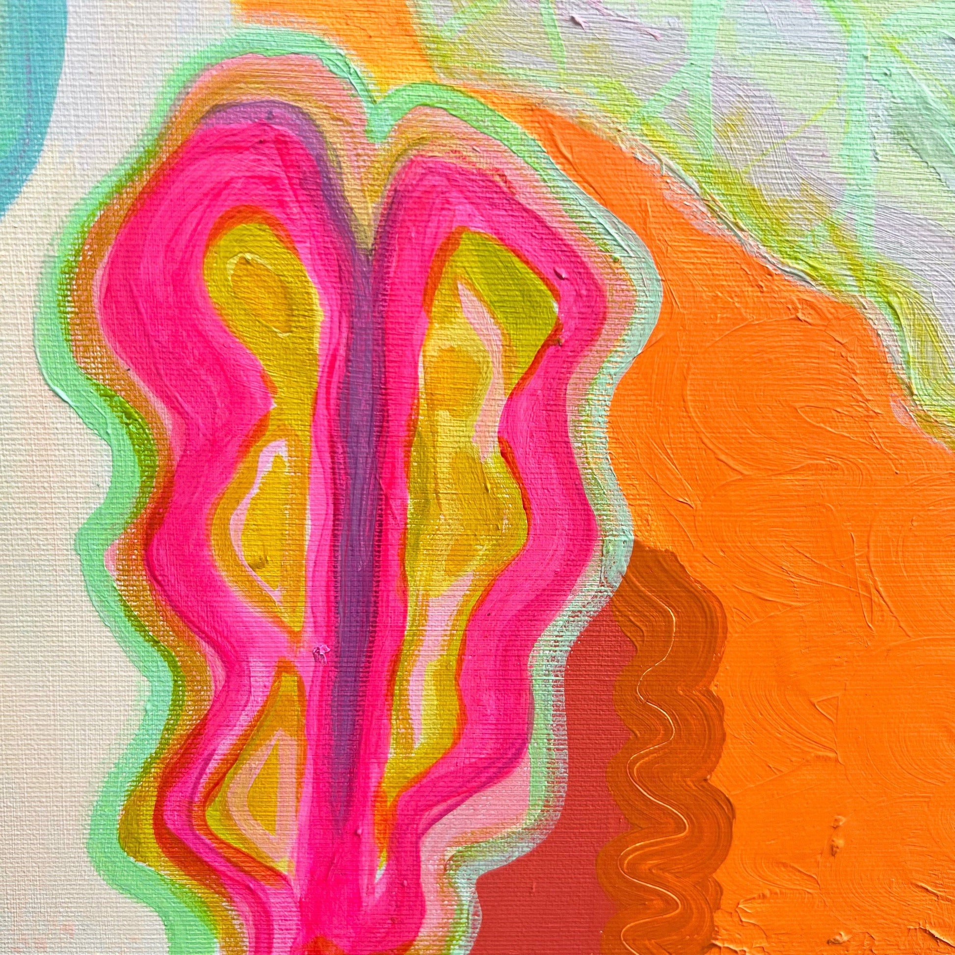 Abstract botanical painting with vibrant pink, orange, yellow, and green organic patterns on canvas