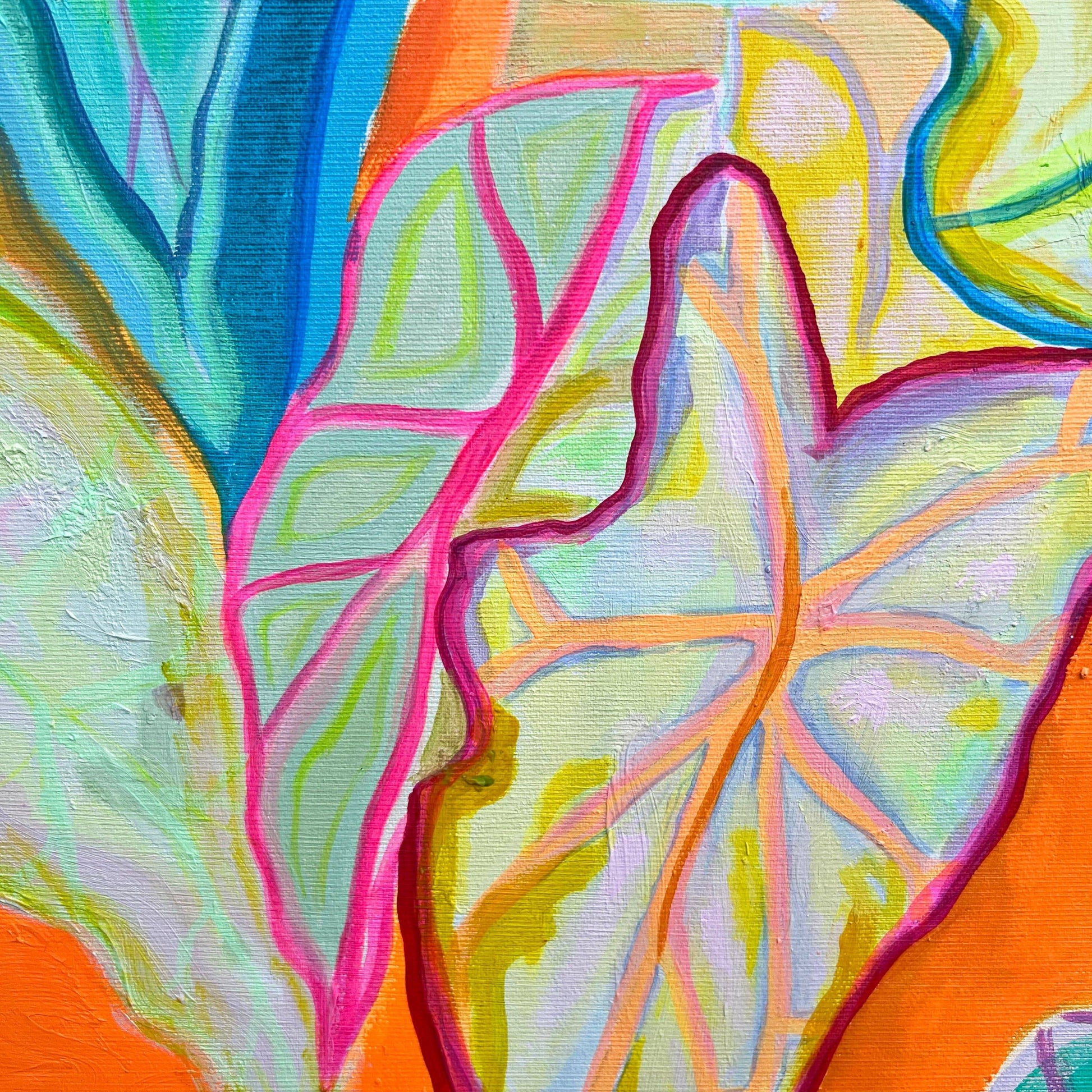 Close-up of colorful abstract Alocasia leaf painting with vibrant outlines on orange background by Kathryn Sillince