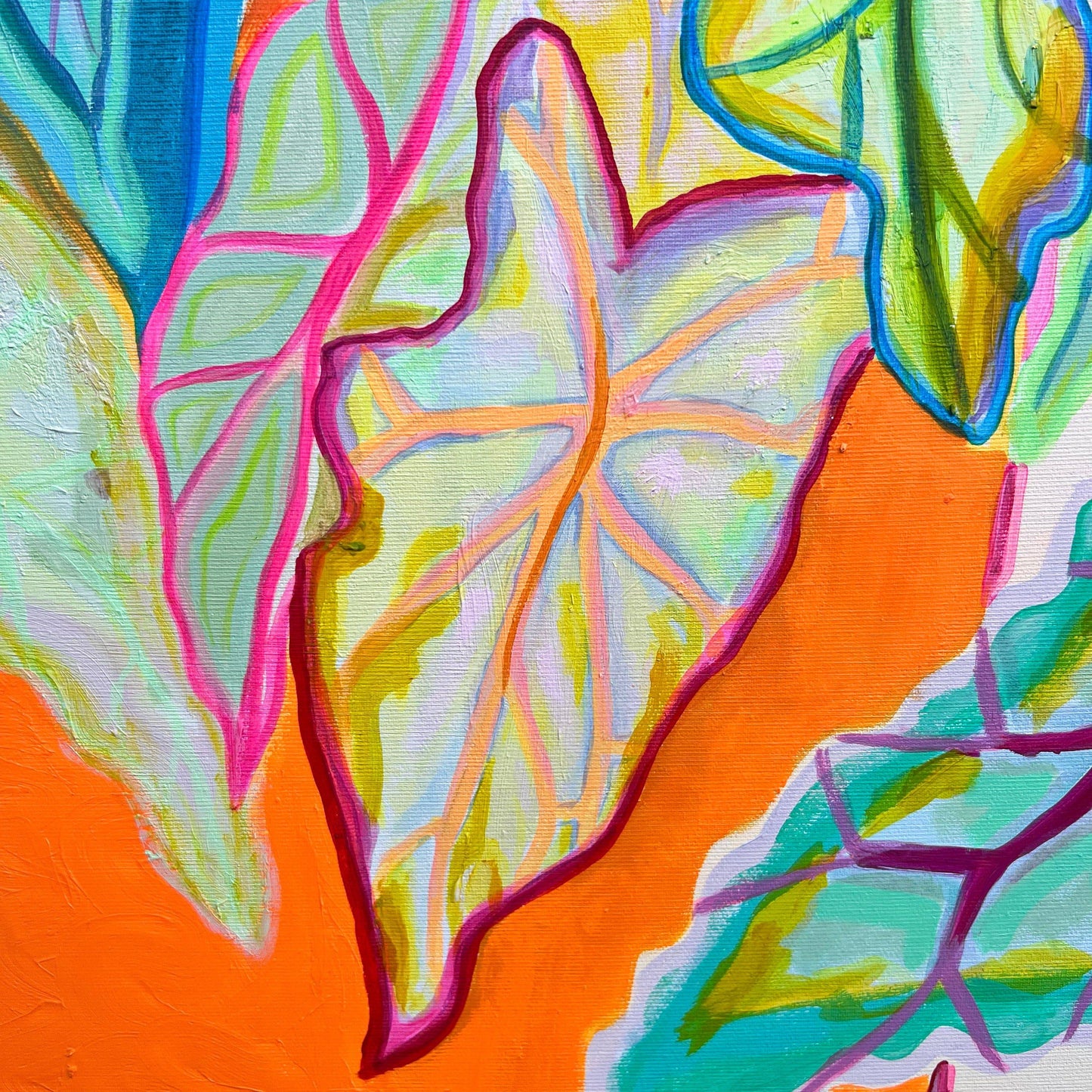 Abstract botanical painting of colorful Alocasia leaves with vibrant orange background by Kathryn Sillince