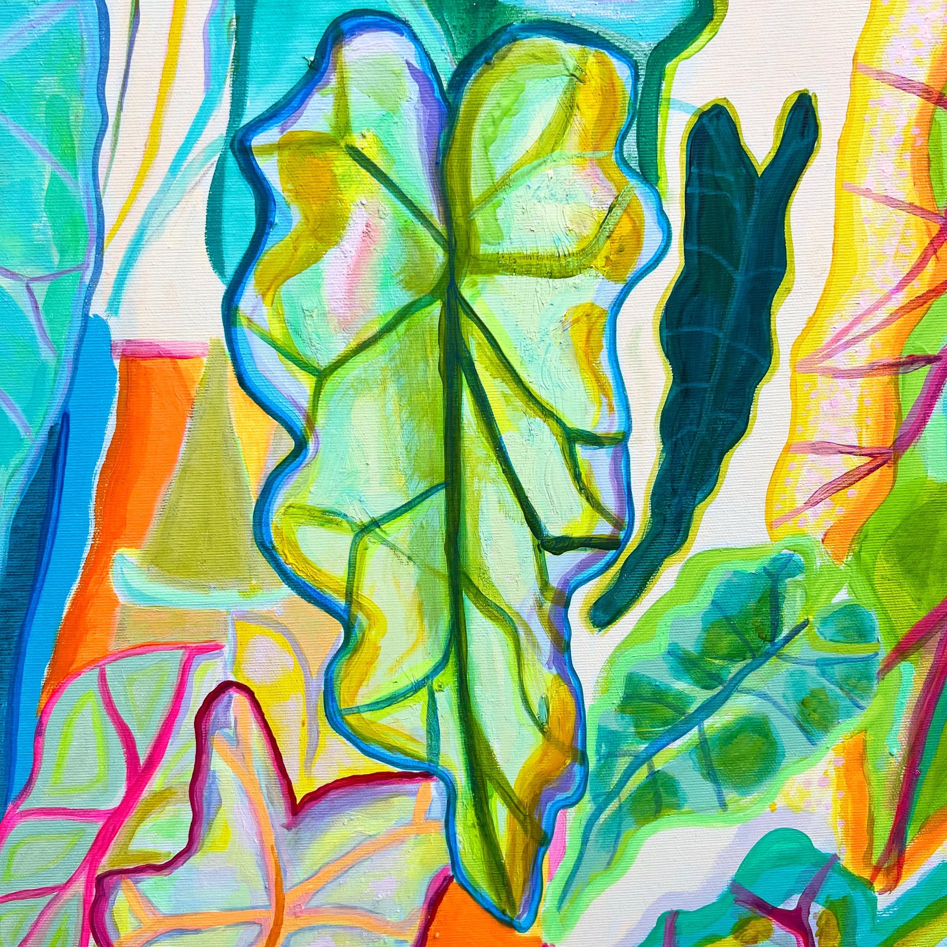 Abstract botanical acrylic painting of vibrant Alocasia leaves with kaleidoscopic colors by Kathryn Sillince
