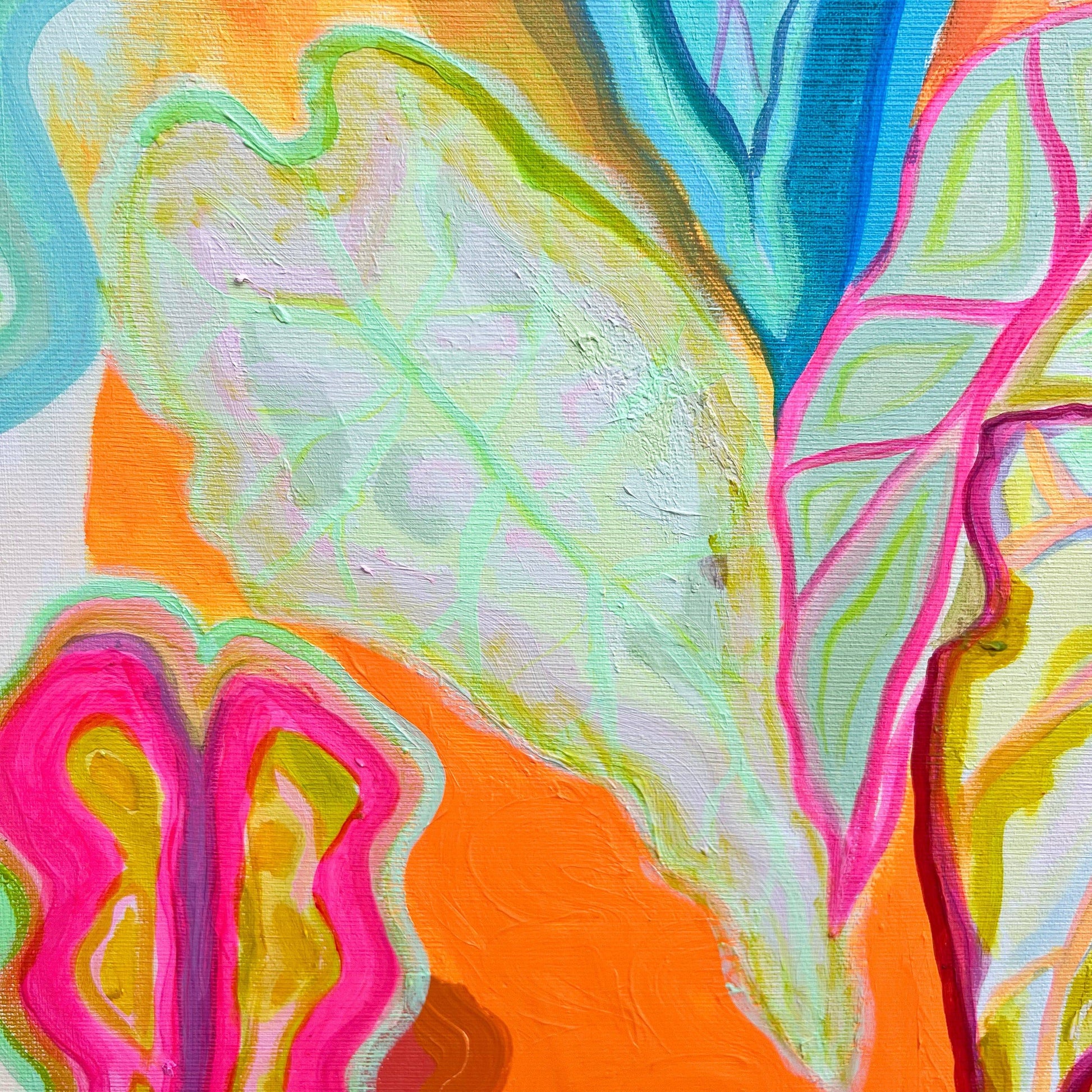 Close-up of Kathryn Sillince's vibrant abstract botanical painting featuring large colorful Alocasia leaves