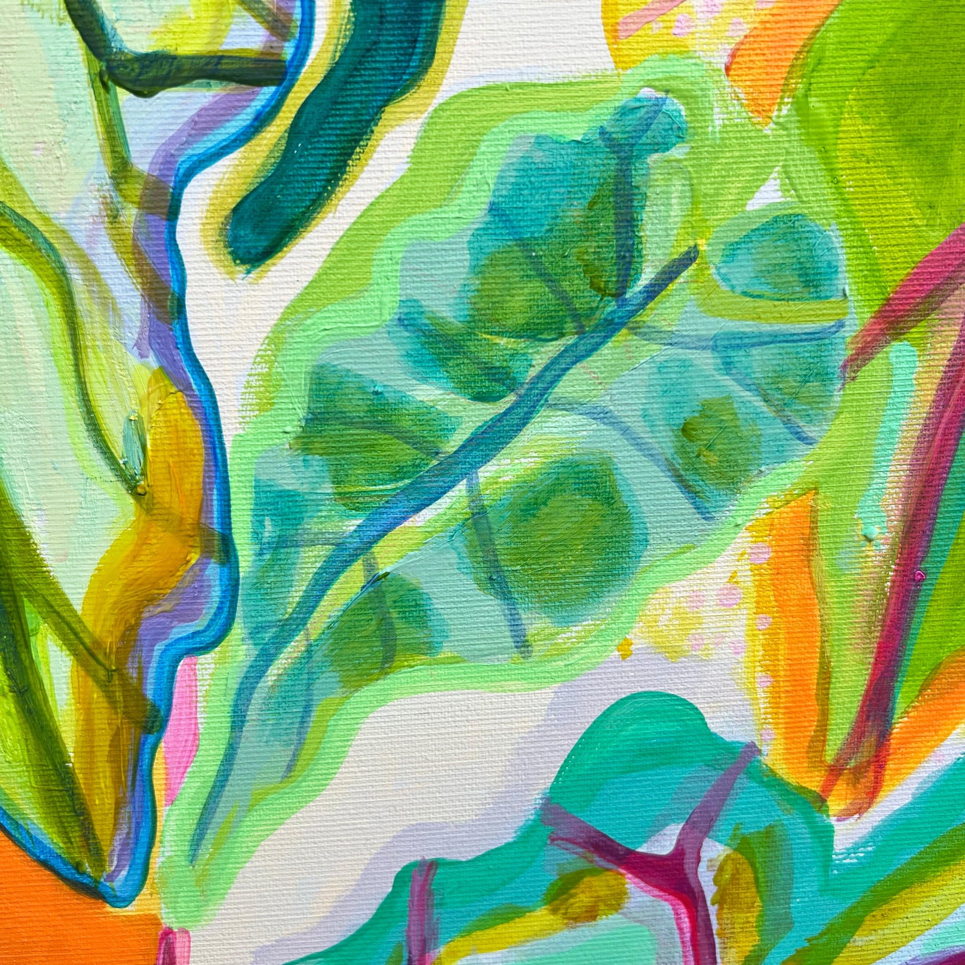 Abstract botanical painting featuring large translucent green alocasia leaves with bold outlines in vibrant colors