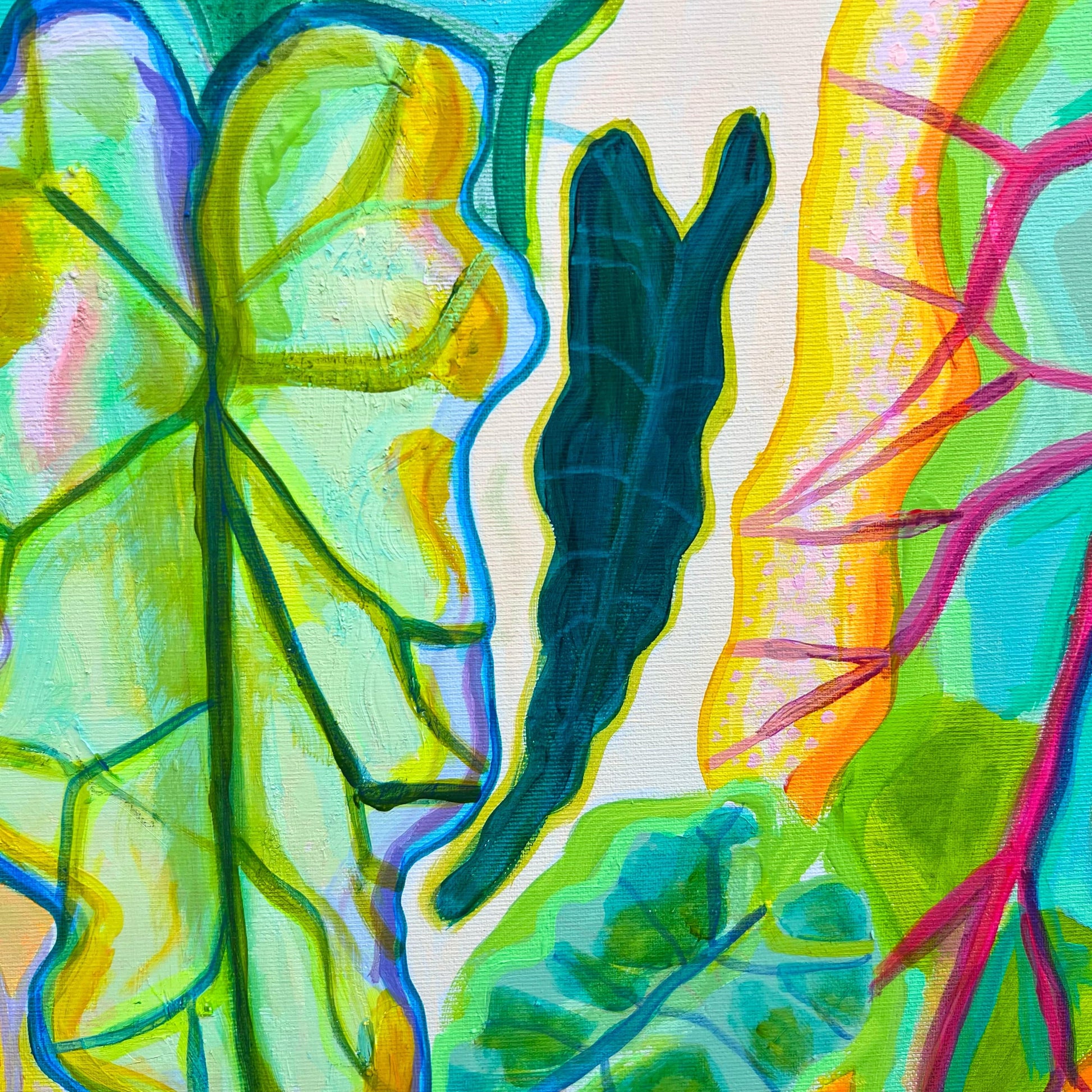 Abstract botanical painting by Kathryn Sillince featuring colorful large Alocasia leaves with vivid green, blue, and orange hues