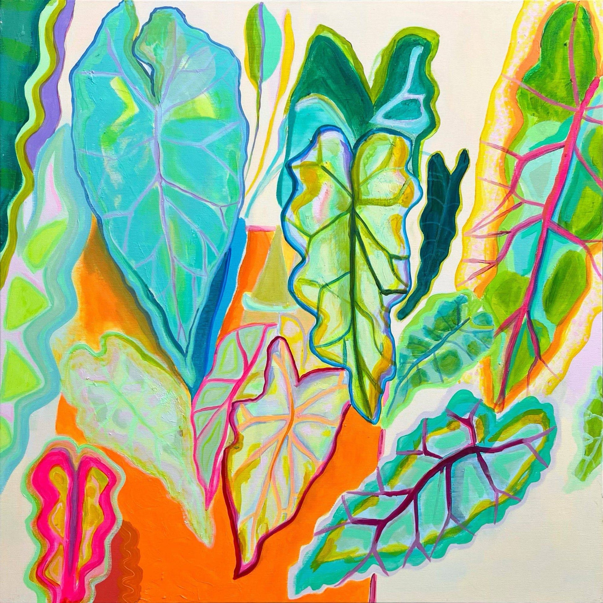 Abstract botanical painting by Kathryn Sillince featuring vibrant, colorful alocasia leaves in green, blue, and orange hues