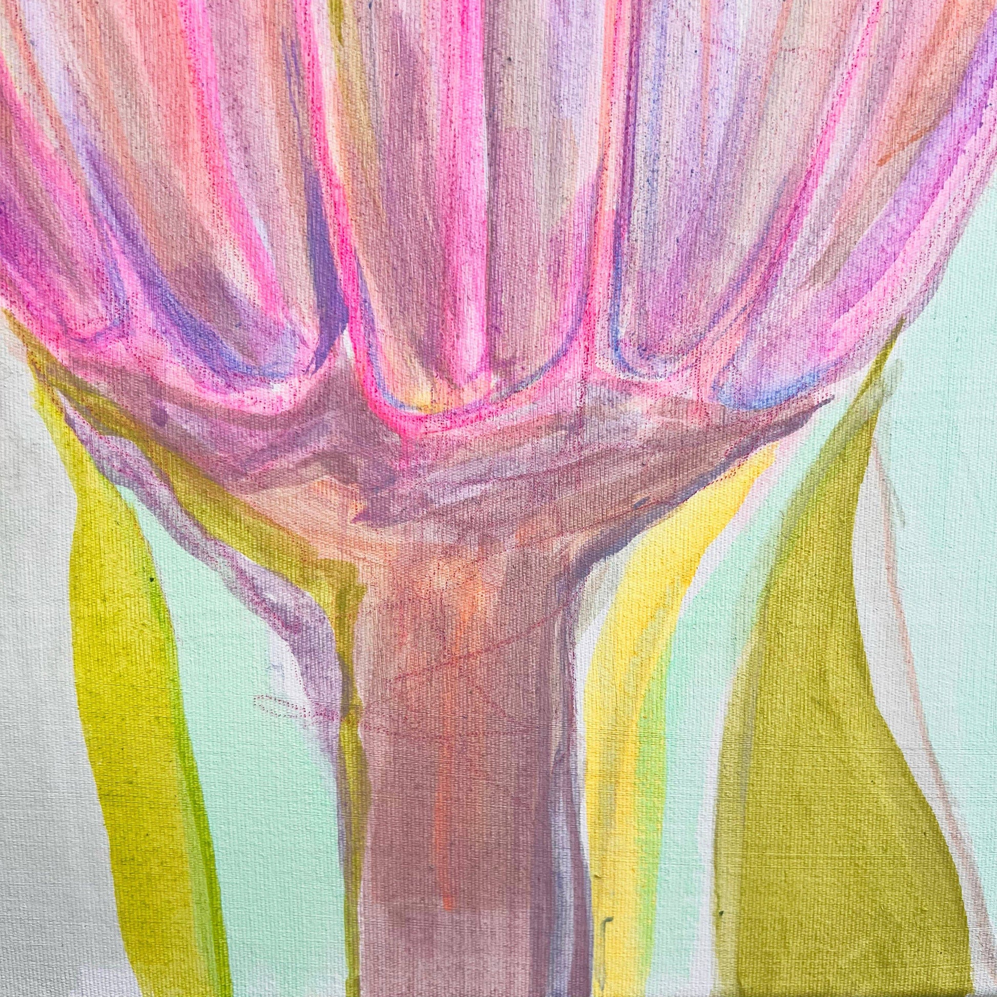 Abstract botanical painting with purple and green hues on canvas by Kathryn Sillince