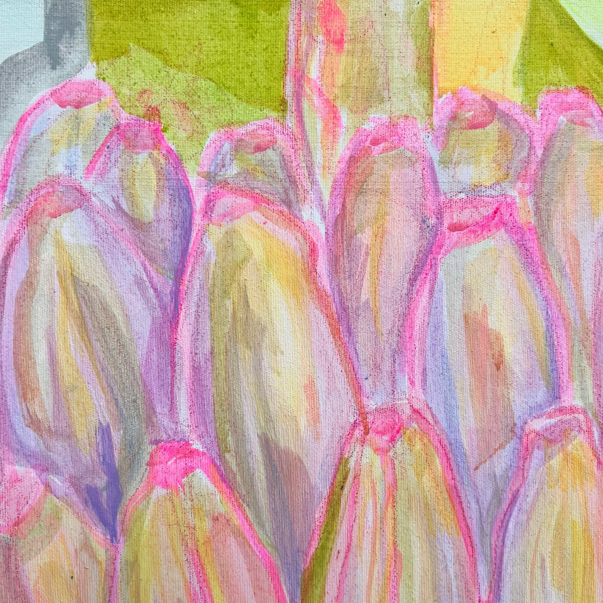 Abstract botanical acrylic painting of purple and green bananas with pink outlines by Kathryn Sillince
