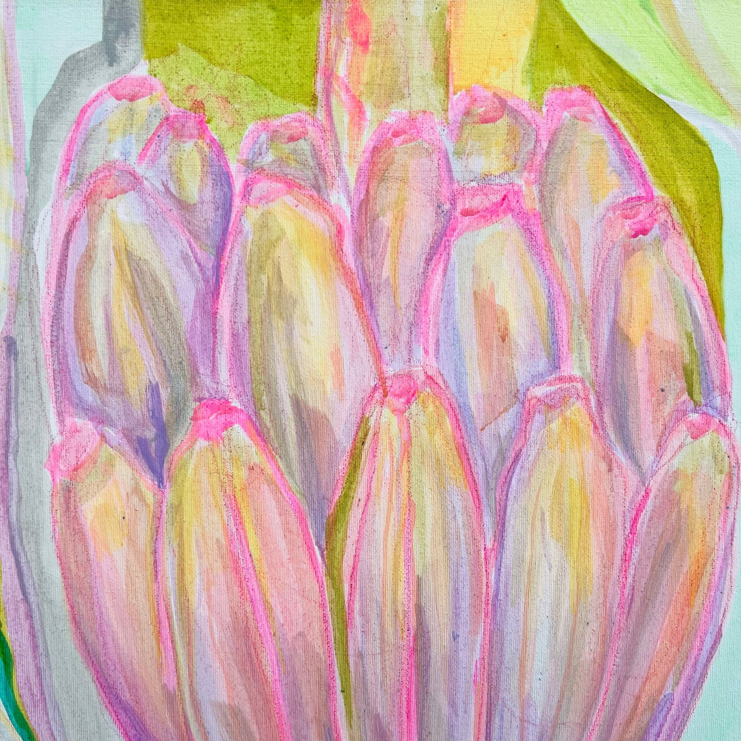 Watercolor painting of a banana bunch with purple and green shades by Kathryn Sillince