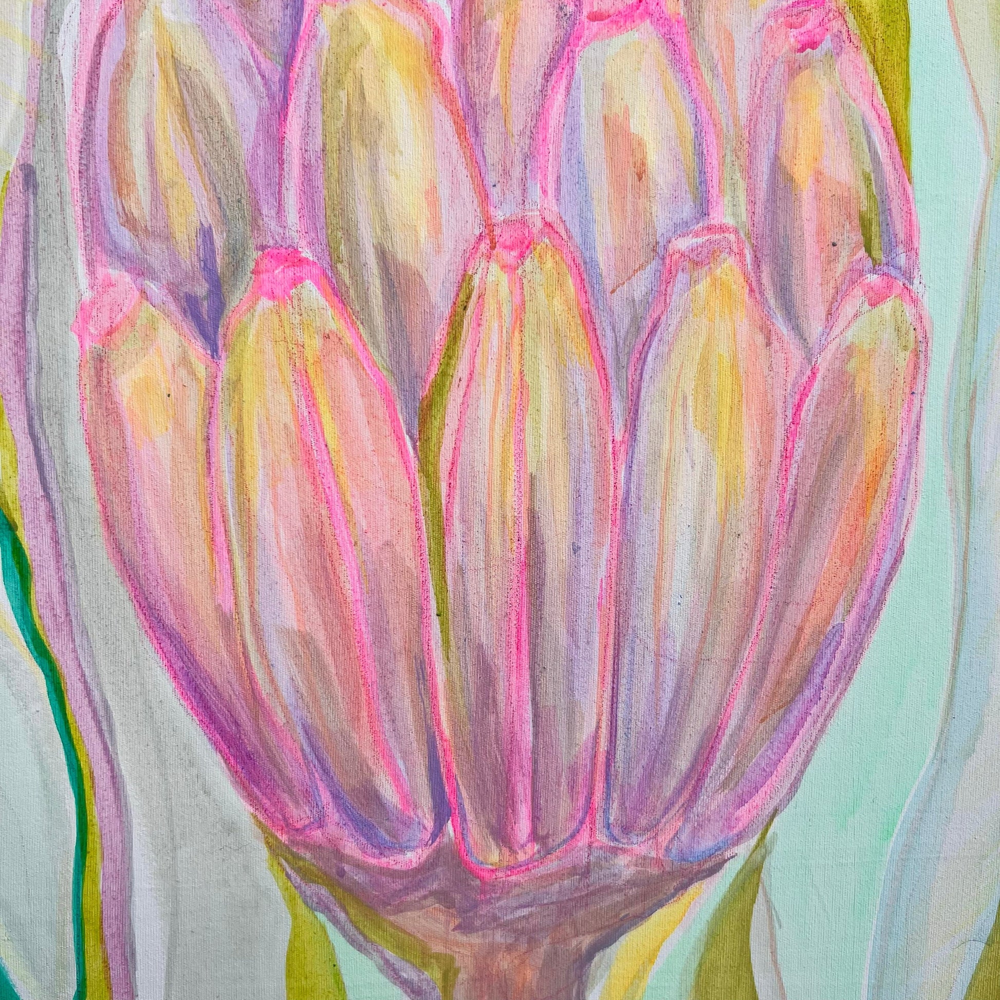 Abstract botanical painting of bananas with pink, purple, and green hues by British artist Kathryn Sillince
