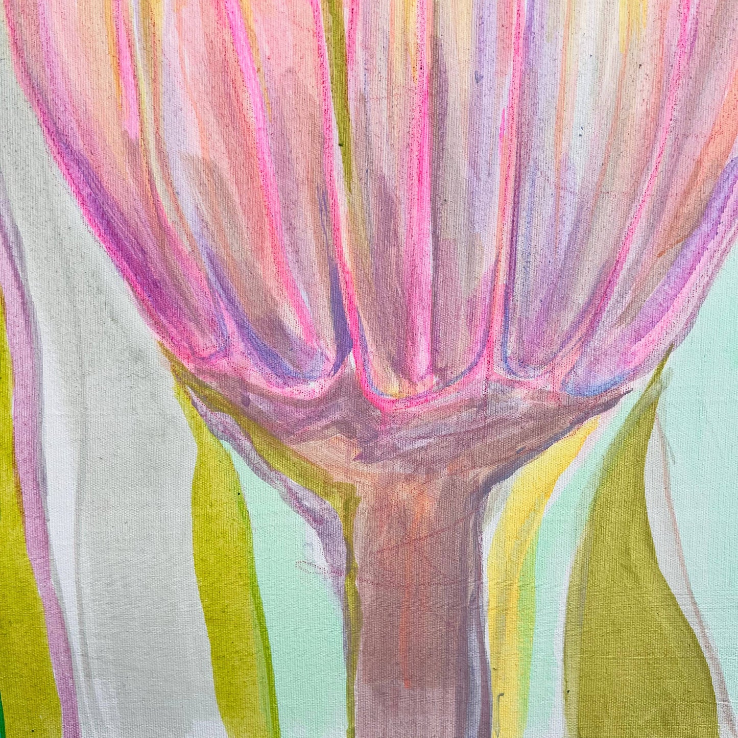 Abstract botanical painting with pink, purple, and green hues by Kathryn Sillince