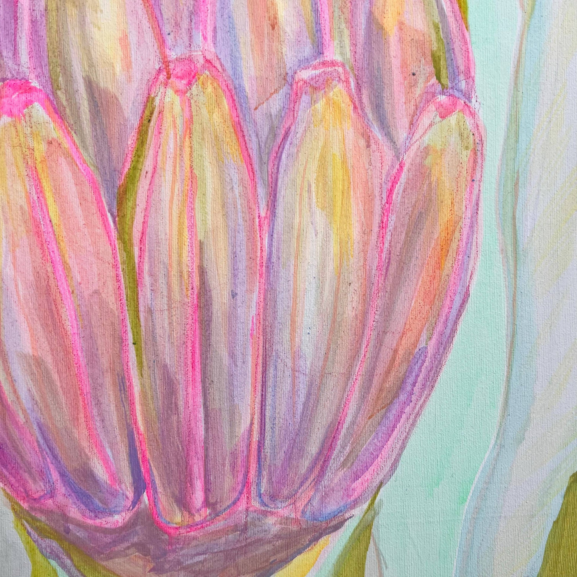 Close-up detail of abstract botanical painting with pink, purple, and yellow banana shapes by Kathryn Sillince