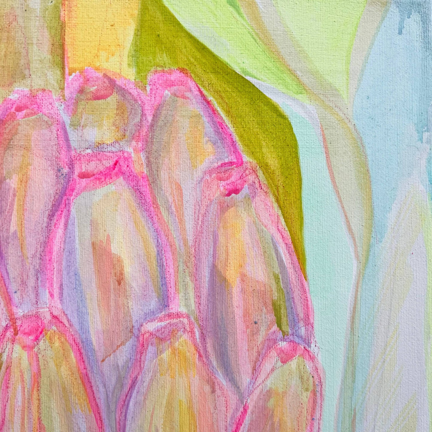 Abstract botanical painting with soft purple and green banana shapes outlined in pink by Kathryn Sillince