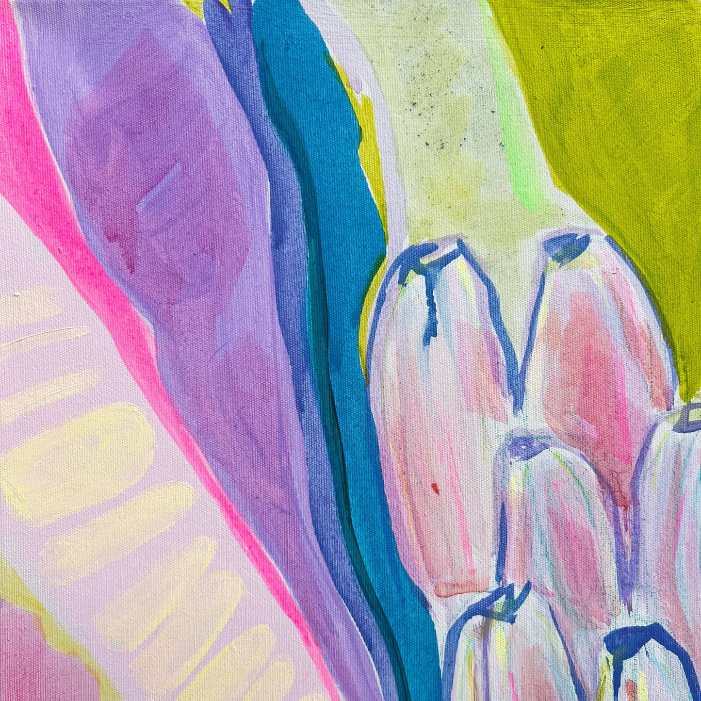 Abstract painting by Kathryn Sillince featuring purple and green bananas with bold brushstrokes and vibrant colors