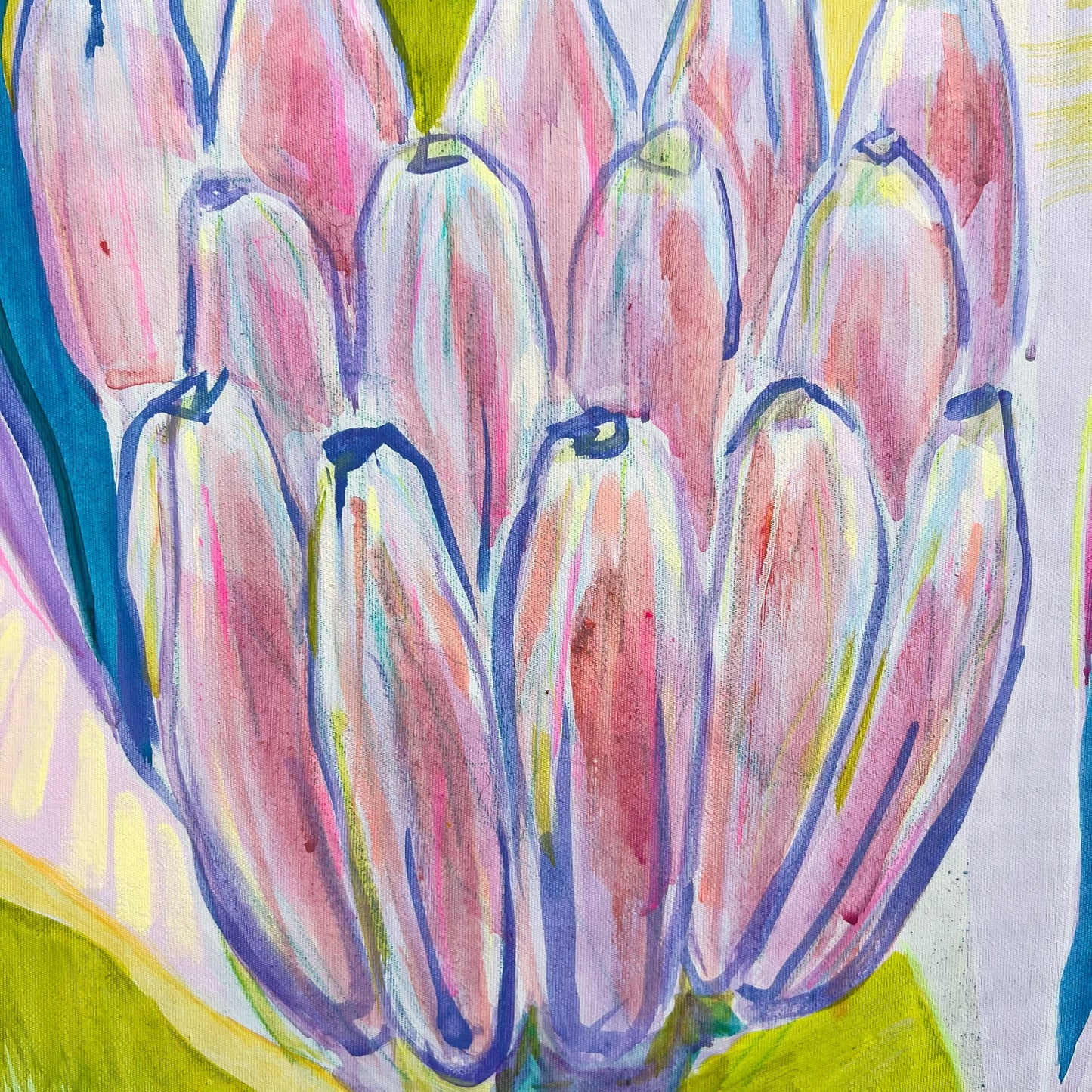 Abstract painting of purple and green bananas with vibrant brushstrokes by Kathryn Sillince