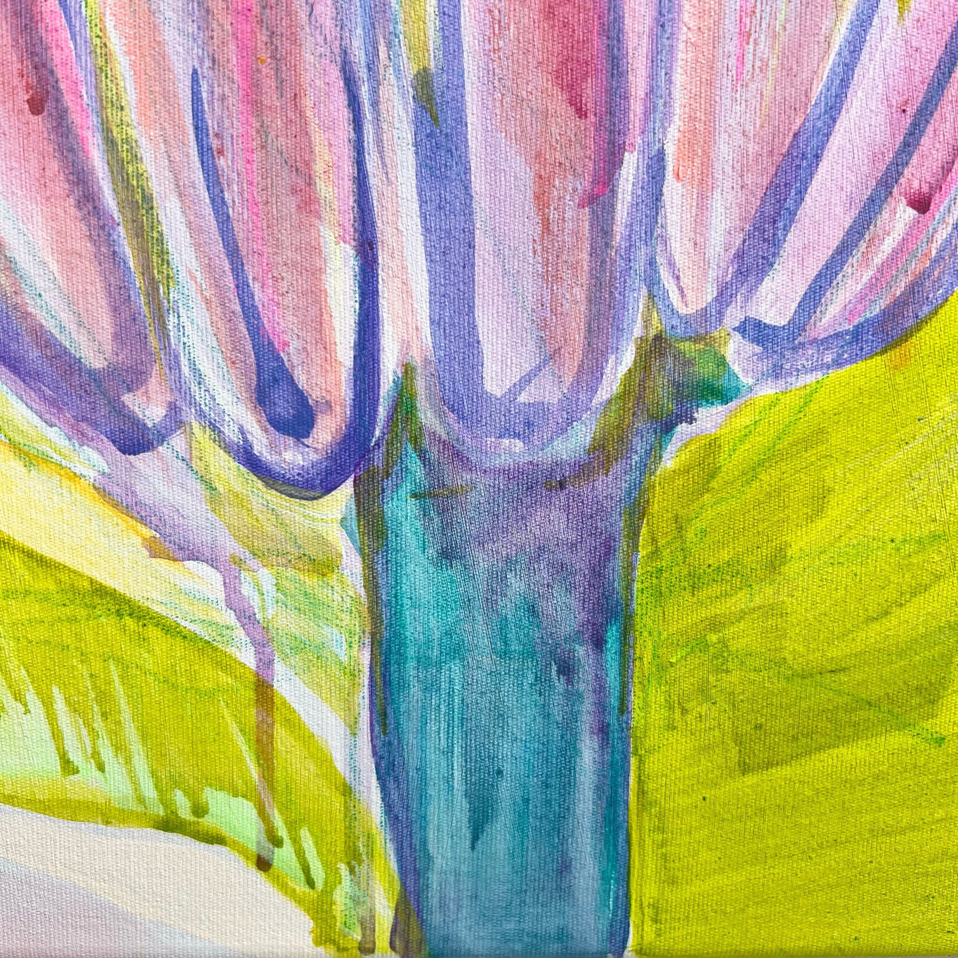 Close-up of Kathryn Sillince's botanical abstract painting with vibrant purple, green, and blue brushstrokes