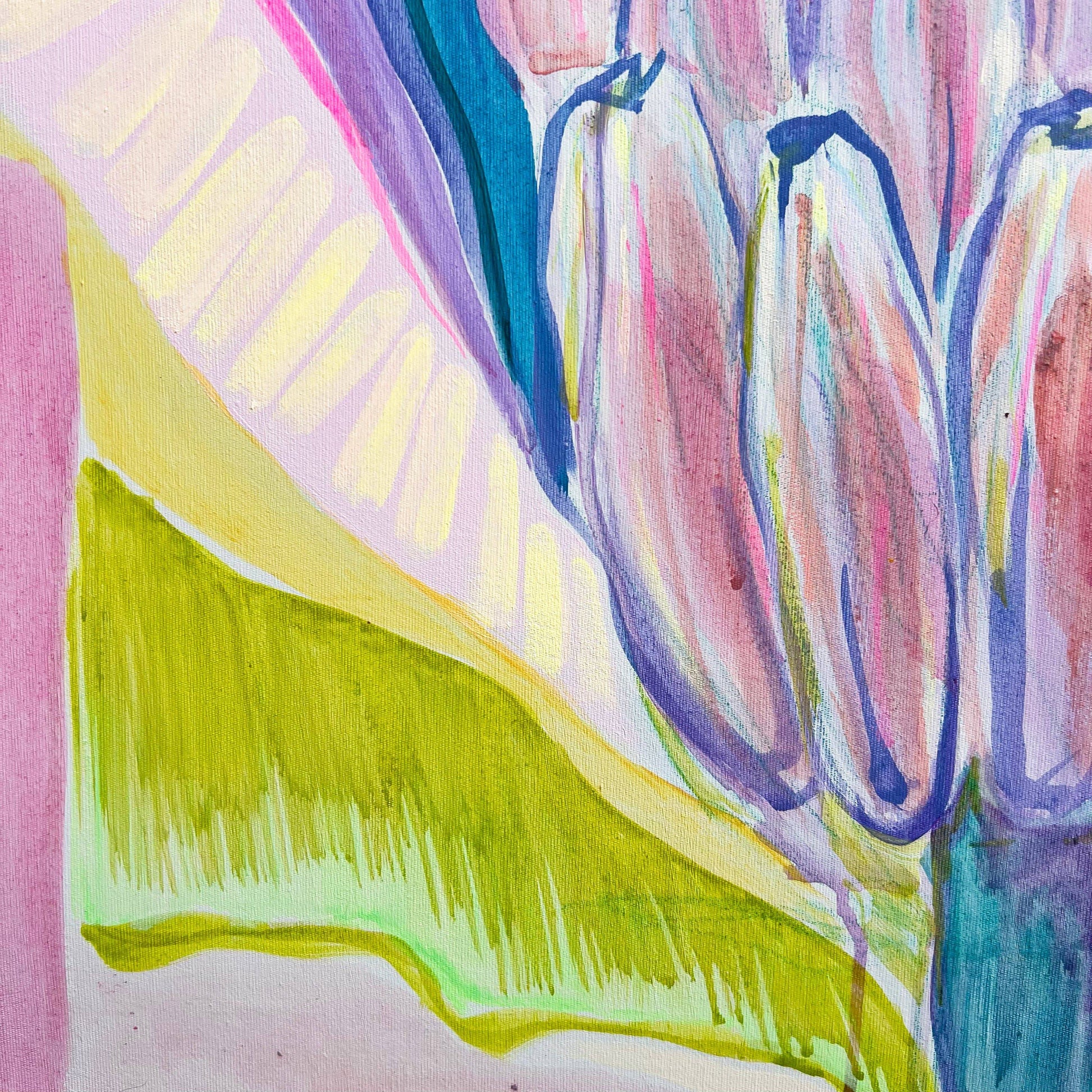 Abstract botanical painting with purple and green banana shapes in vibrant colors by Kathryn Sillince