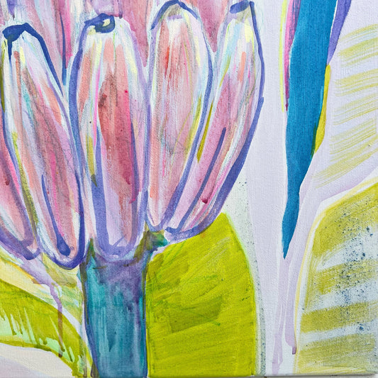 Abstract painting of purple and green bananas by Kathryn Sillince with vibrant brushstrokes