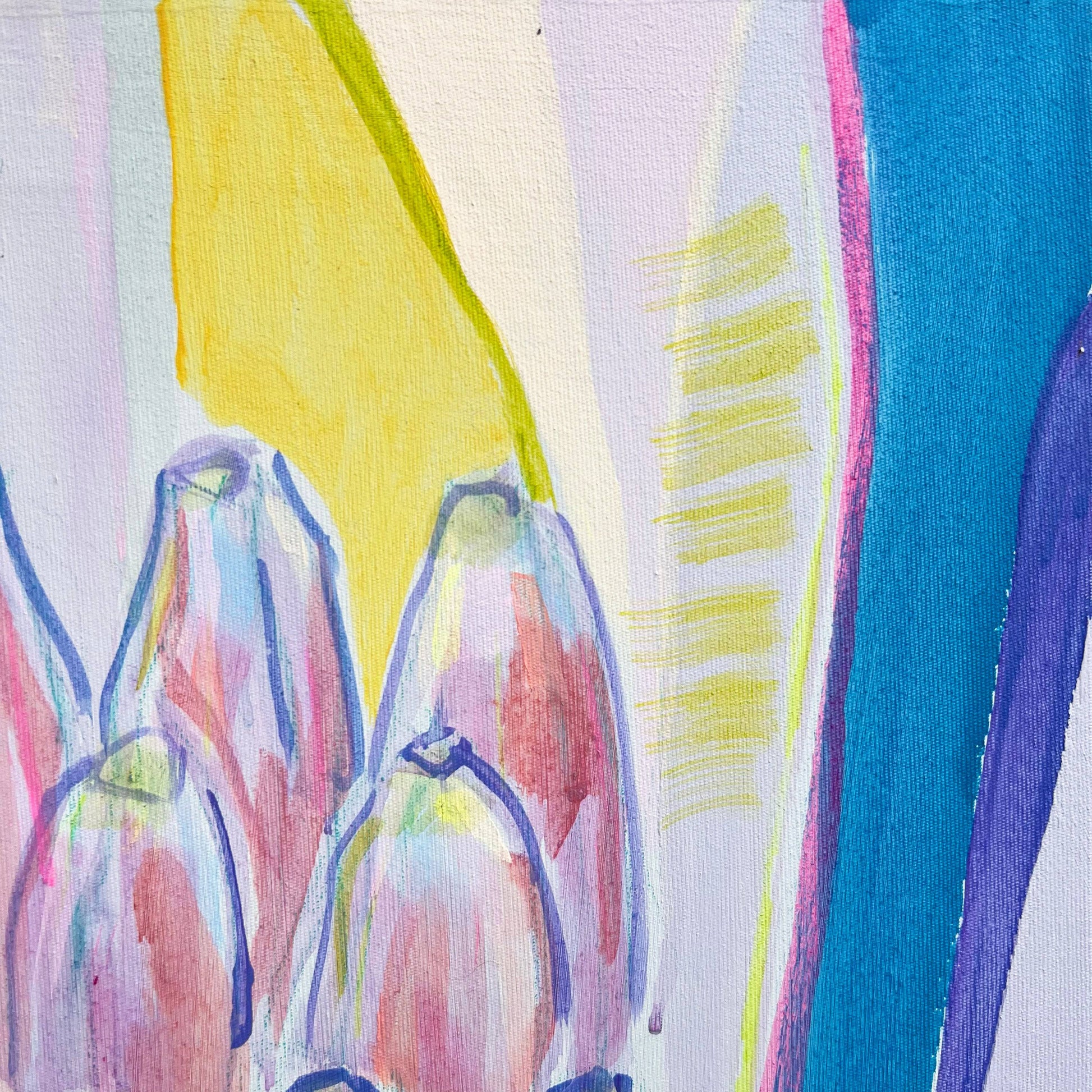 Abstract botanical painting with purple and green banana shapes in vibrant kaleidoscopic colors