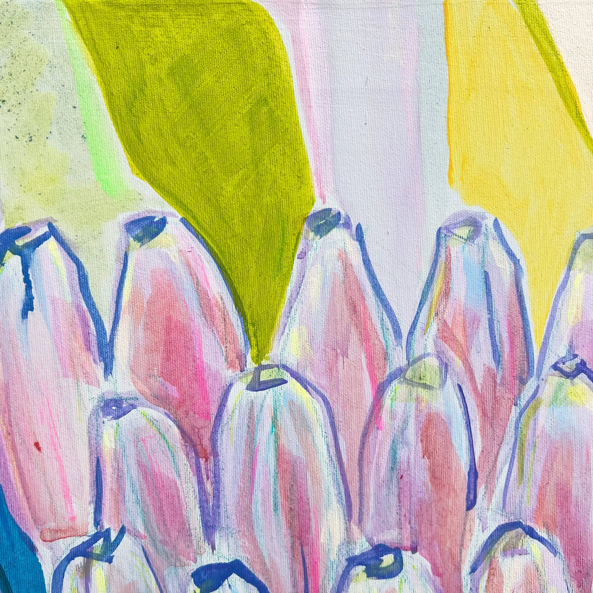 Abstract painting of purple and green bananas with bold brushstrokes by Kathryn Sillince