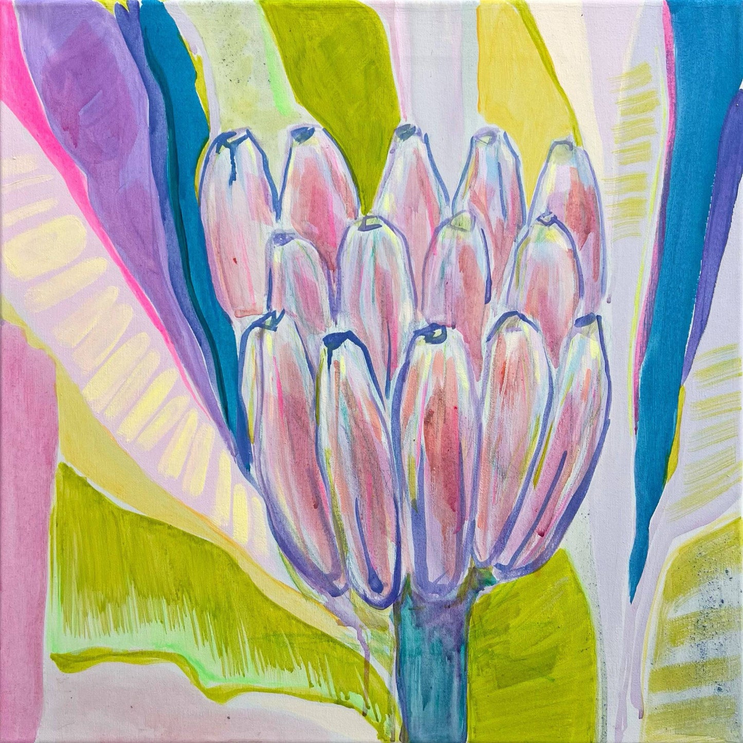 Abstract painting of purple and green bananas with vibrant leaves by Kathryn Sillince
