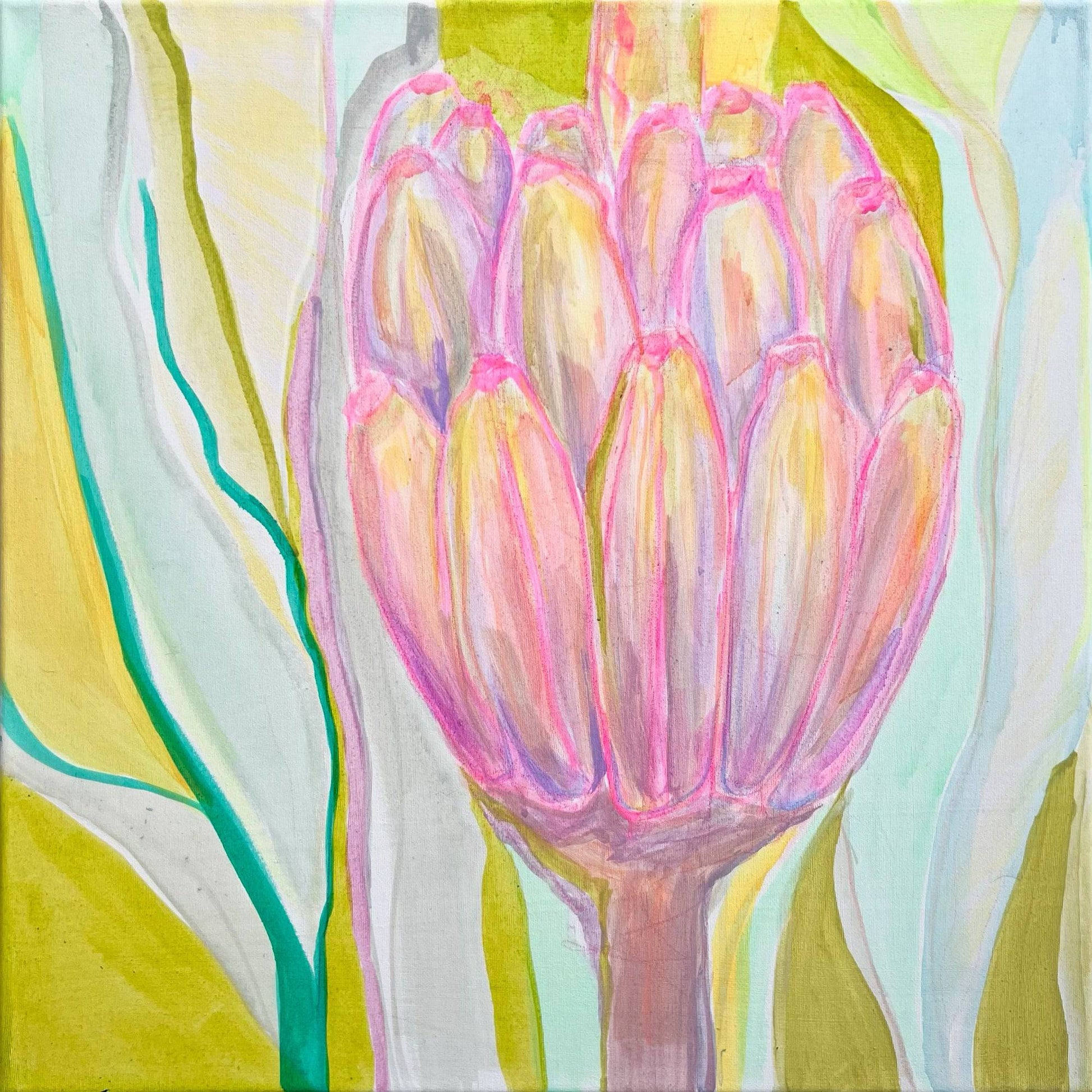 Abstract botanical painting of a pink and yellow protea flower with green and white leaves by Kathryn Sillince