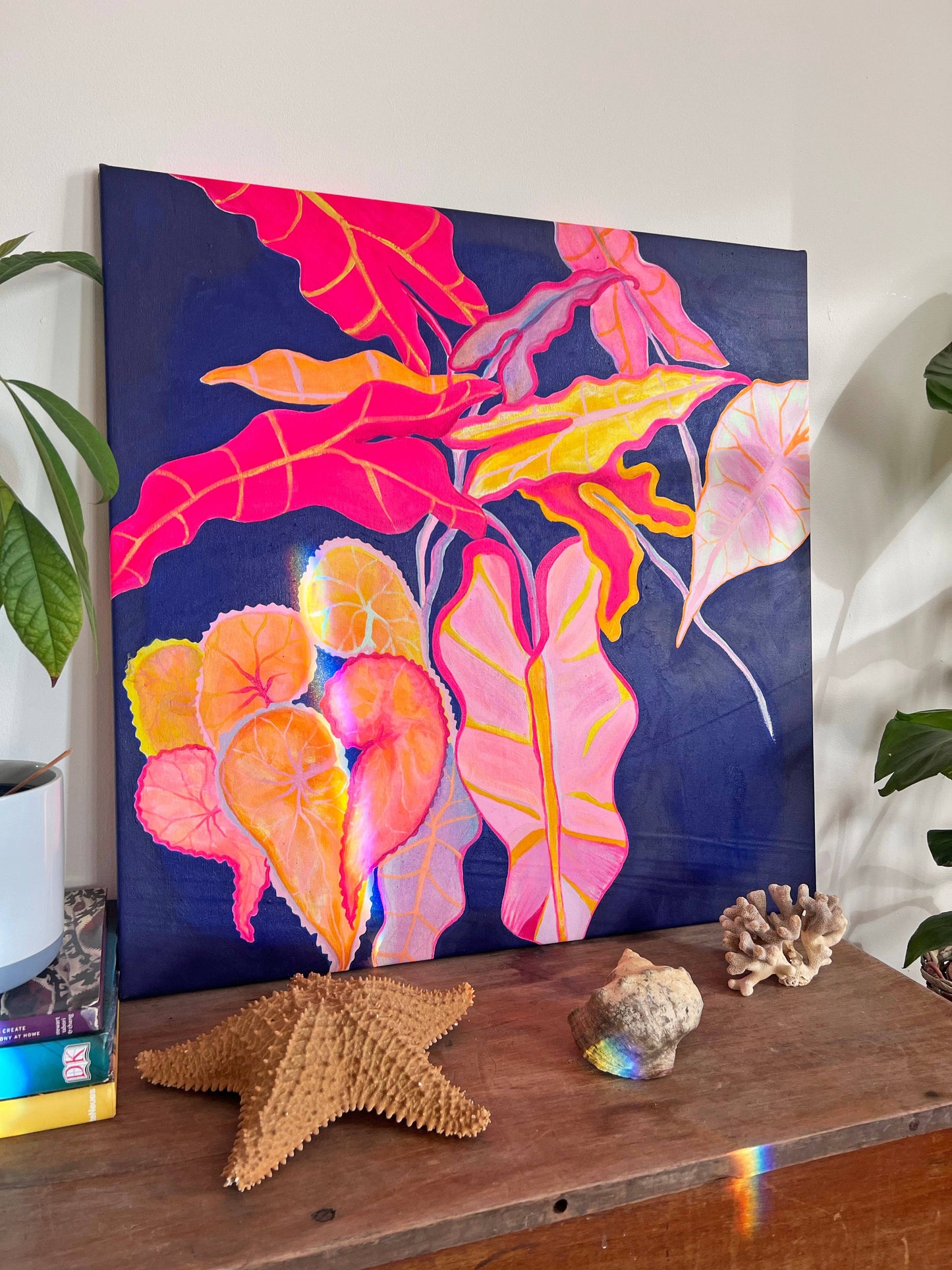 'Begonia, Alocasia Still Life' 70cm x 70cm - Kathryn Sillince Artist