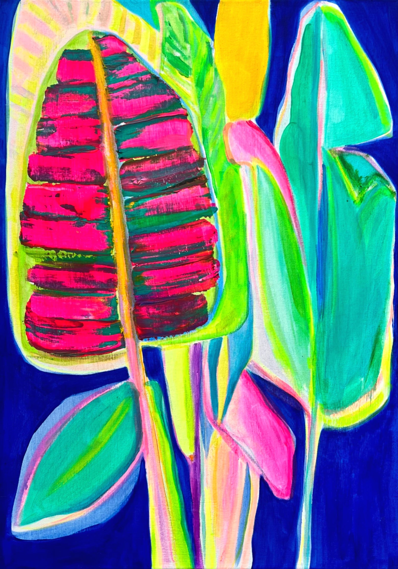 Blue banana paper print by Kathryn Sillince Artist featuring vibrant blue hues and detailed botanical illustration.