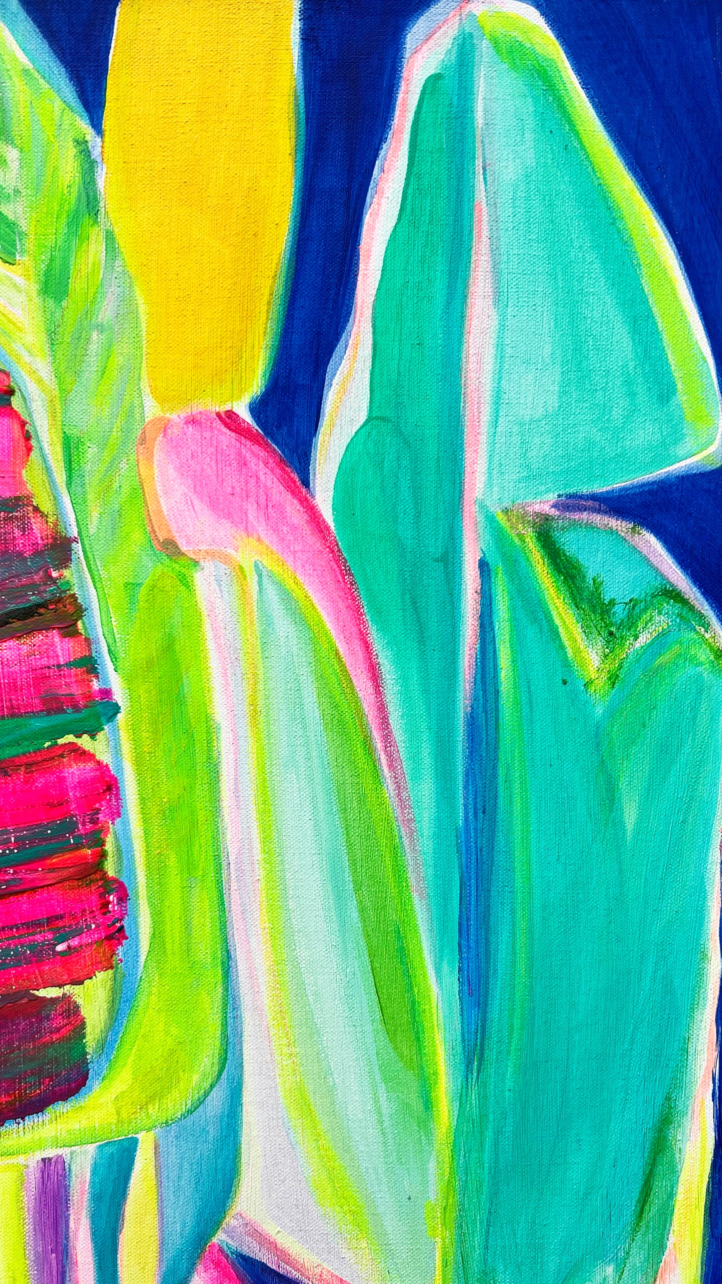 Colorful Banana Blue paper print by Kathryn Sillince Artist, showcasing vibrant abstract banana artwork on textured paper.