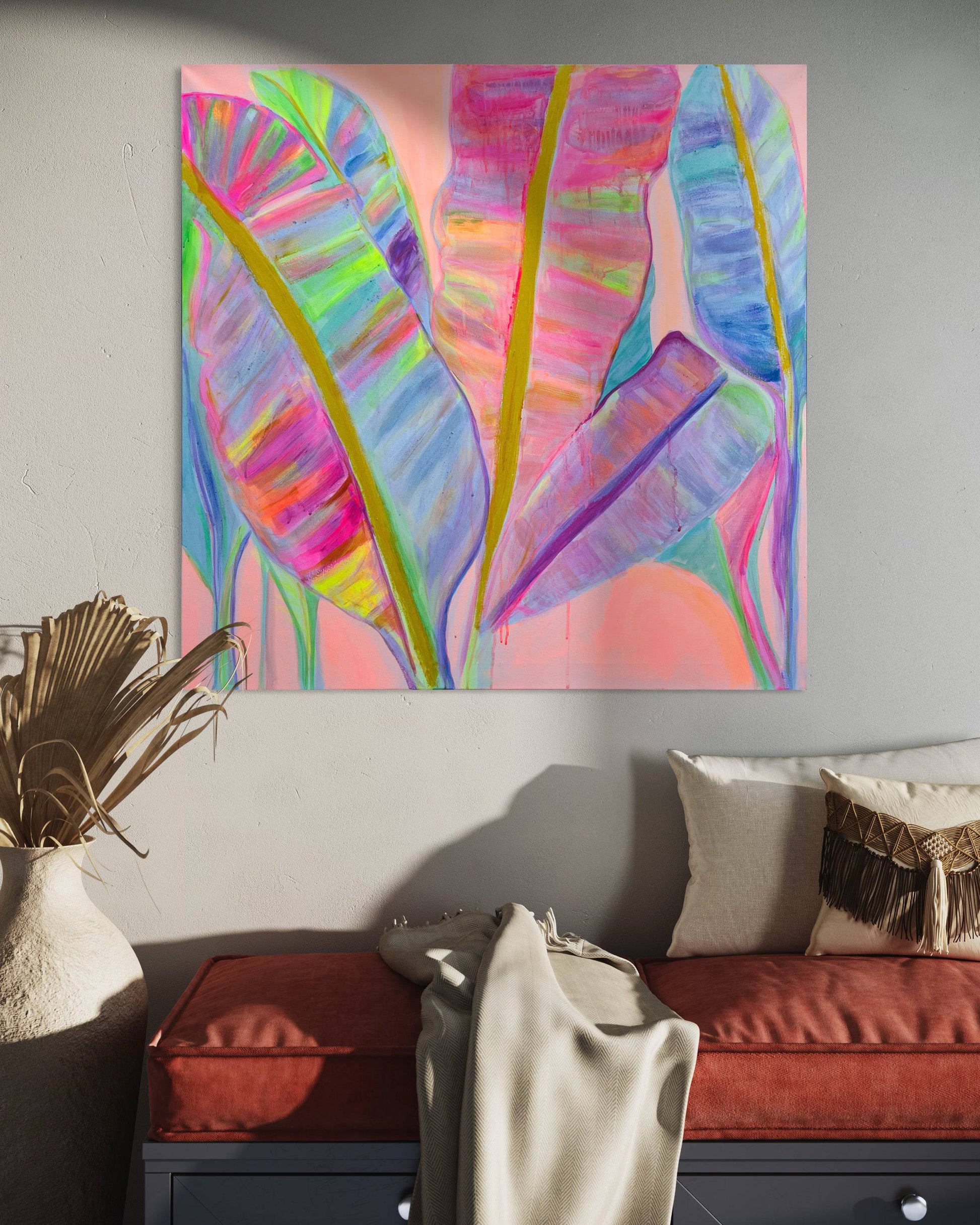 'Rainbow Banana Leaves II'  90cm x 90cm - Kathryn Sillince Artist