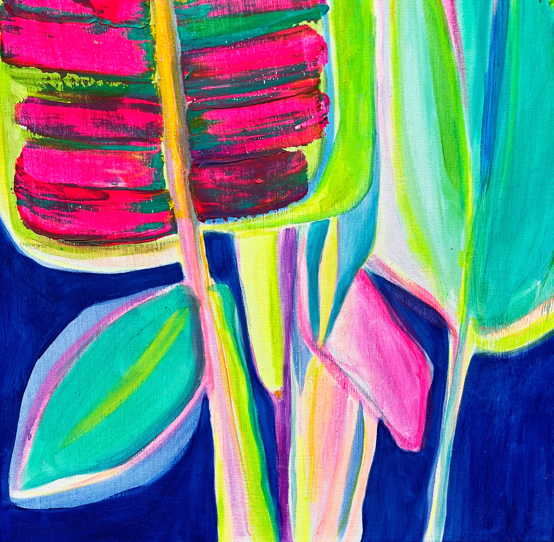 Colorful Banana Blue paper print by Kathryn Sillince Artist featuring vibrant blue and yellow banana illustration on textured paper.