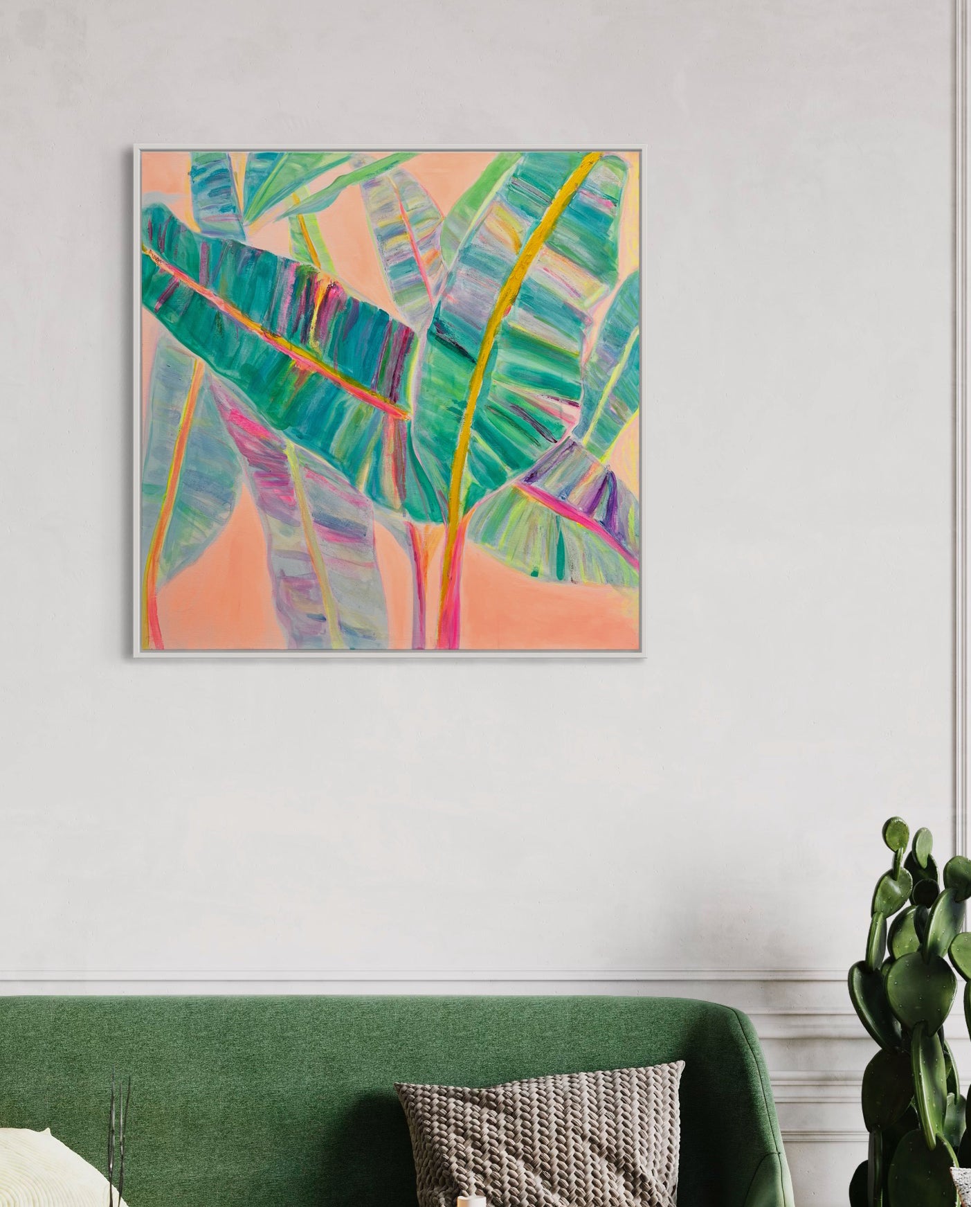 Colorful rainbow banana leaves paper print by Kathryn Sillince Artist, showcasing vibrant tropical leaf artwork.