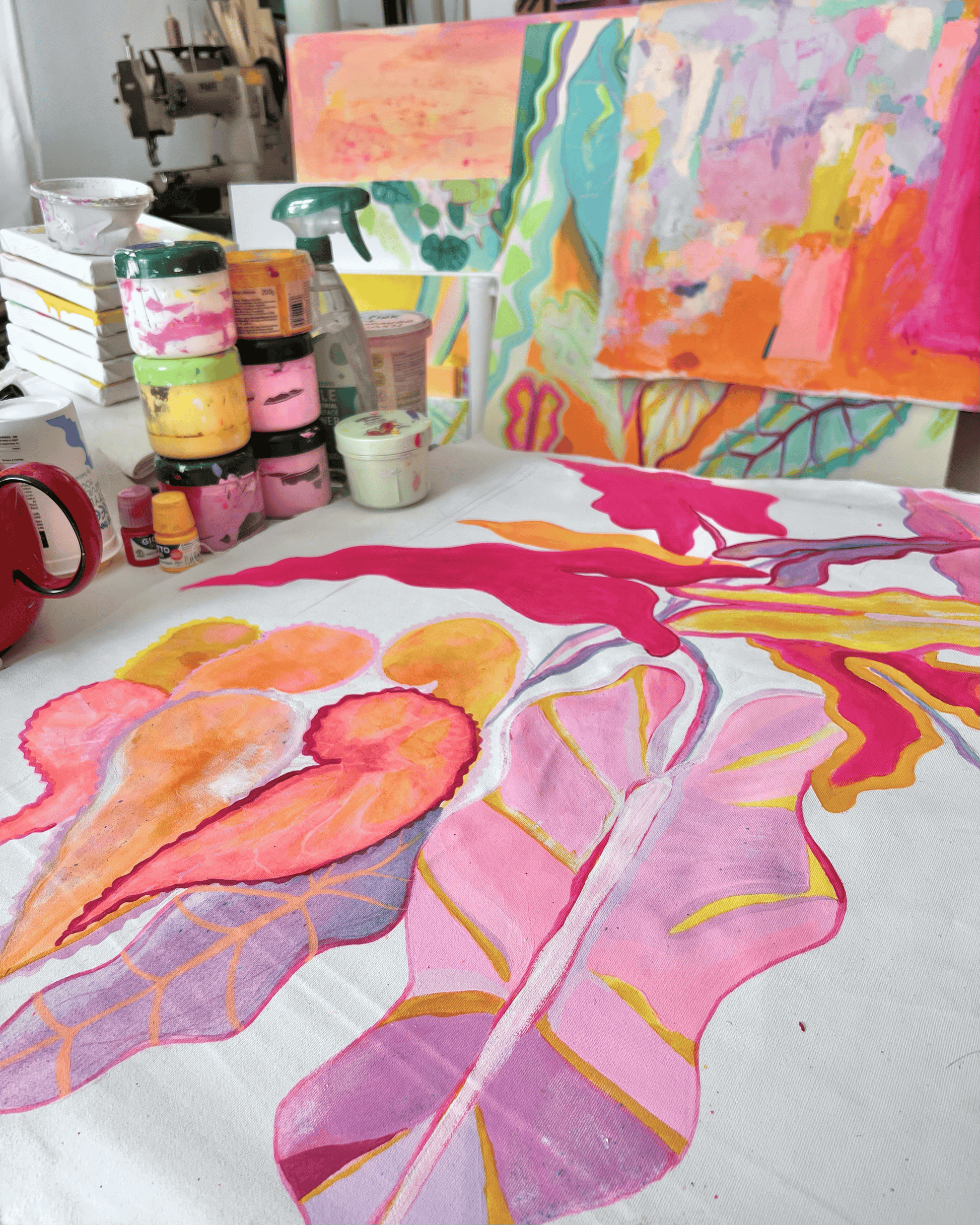 'Begonia, Alocasia Still Life' 70cm x 70cm - Kathryn Sillince Artist