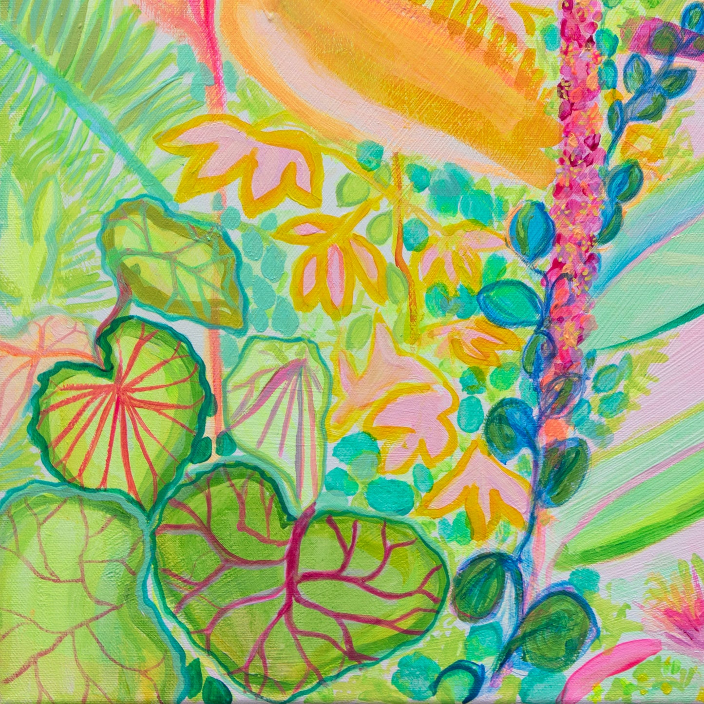 Colorful abstract painting with green, pink, and blue leaves.