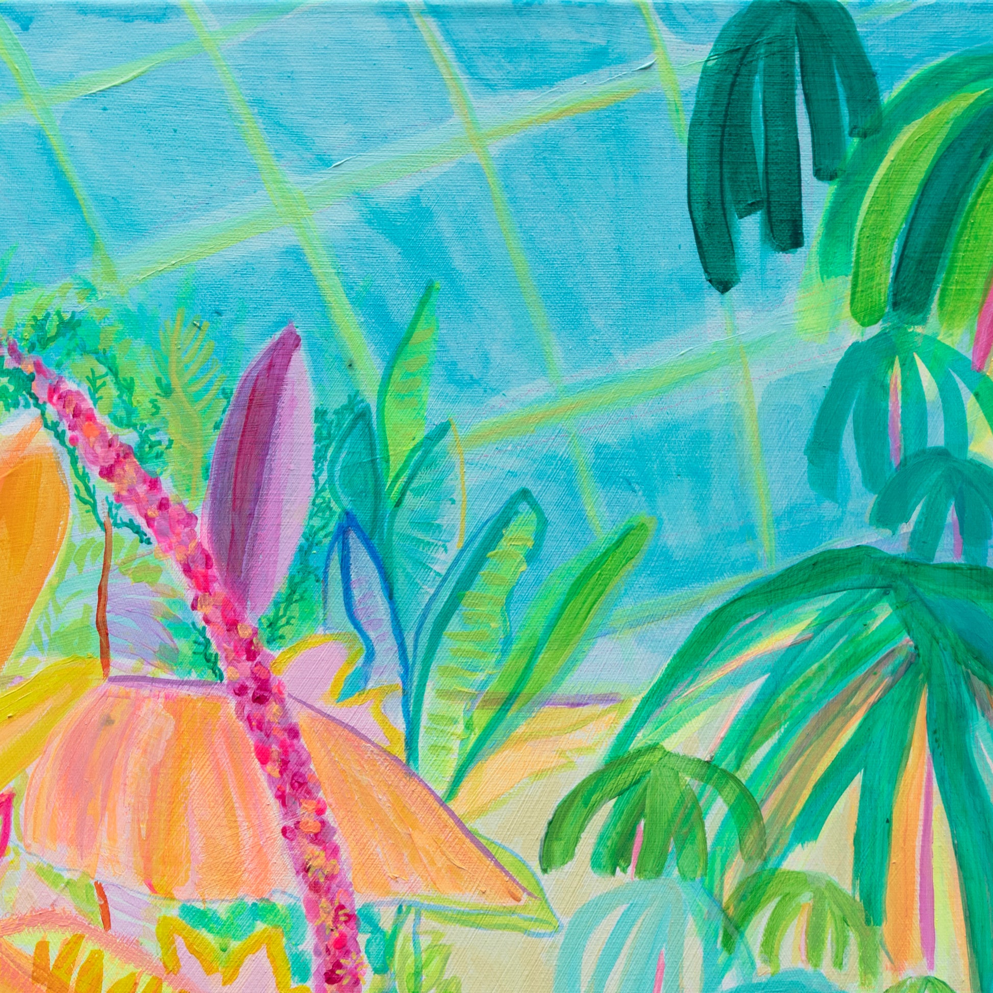 Colorful illustration of a butterfly and tropical plants with a blue grid background