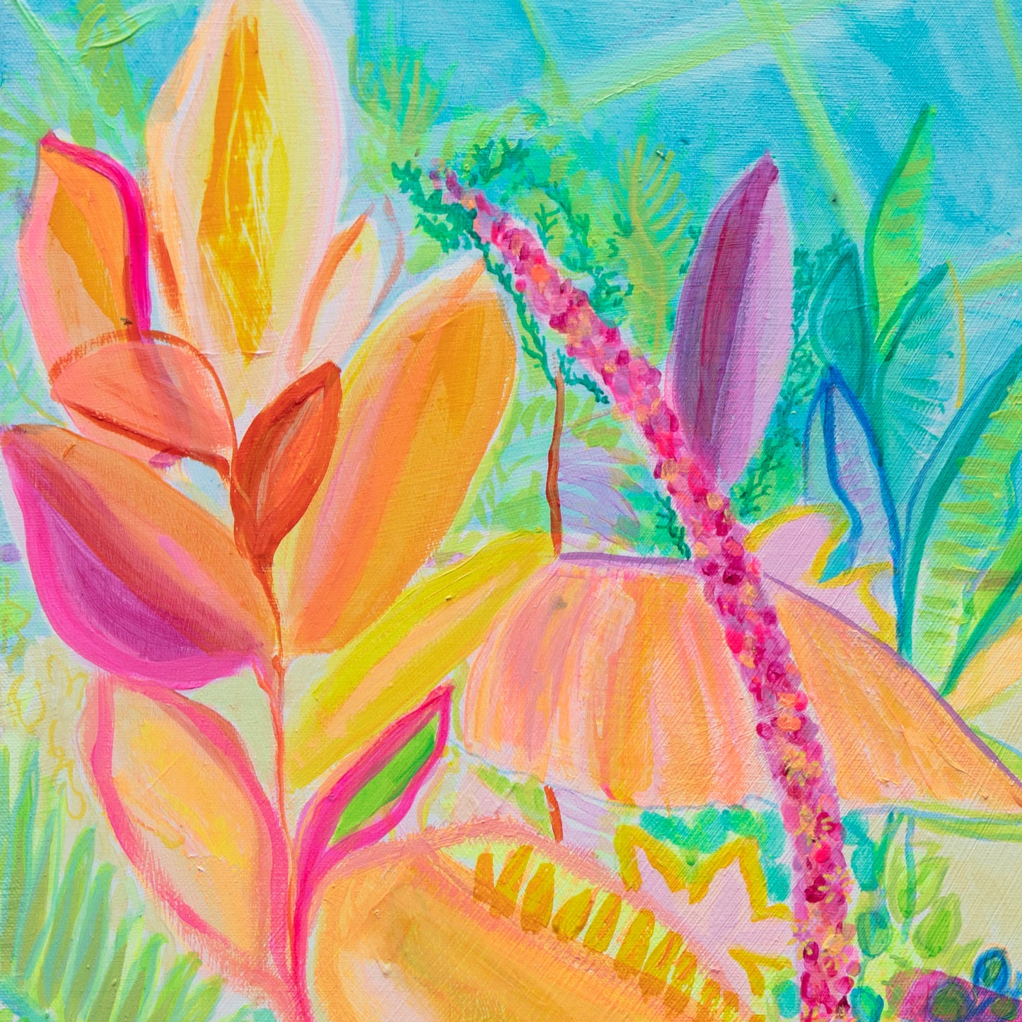 Colorful painting of flowers with a focus on vibrant orange and pink petals.