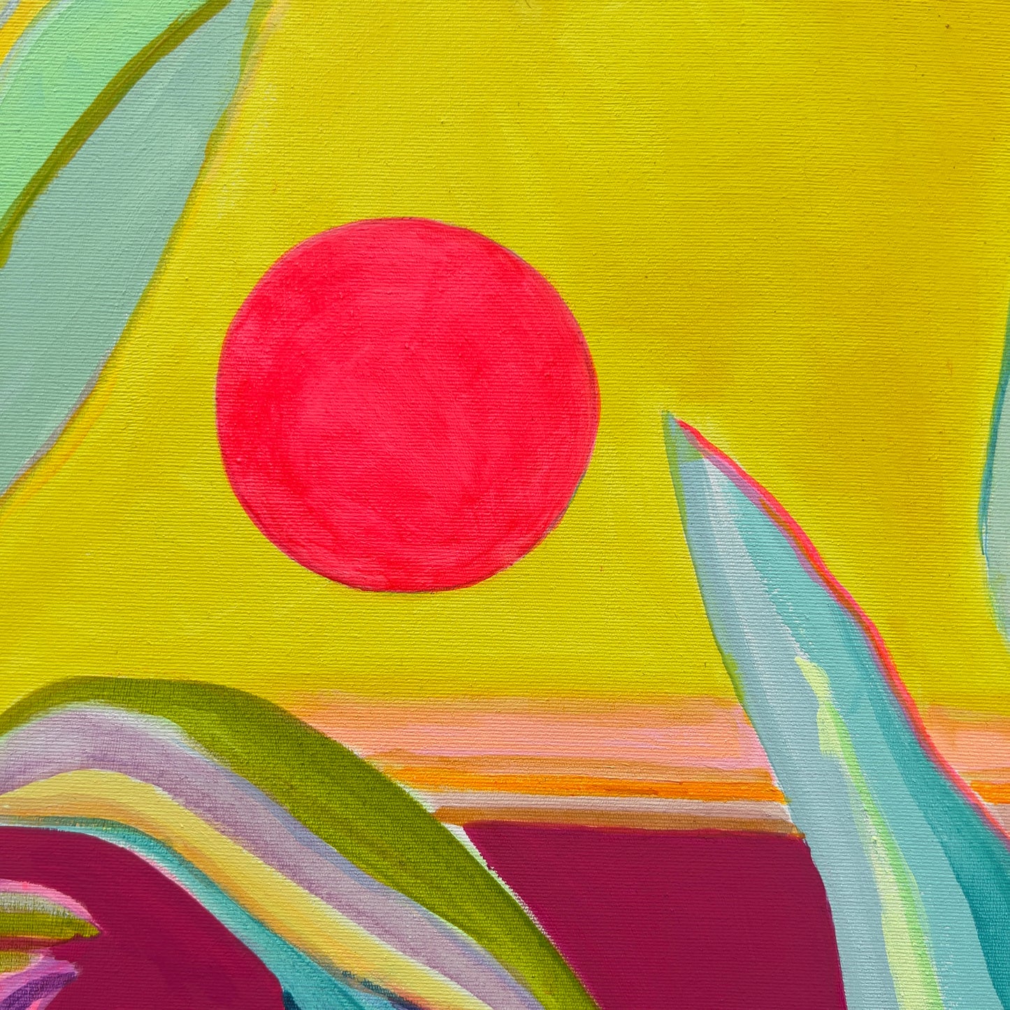 red sun detail of escapist dreamscape colourful painting