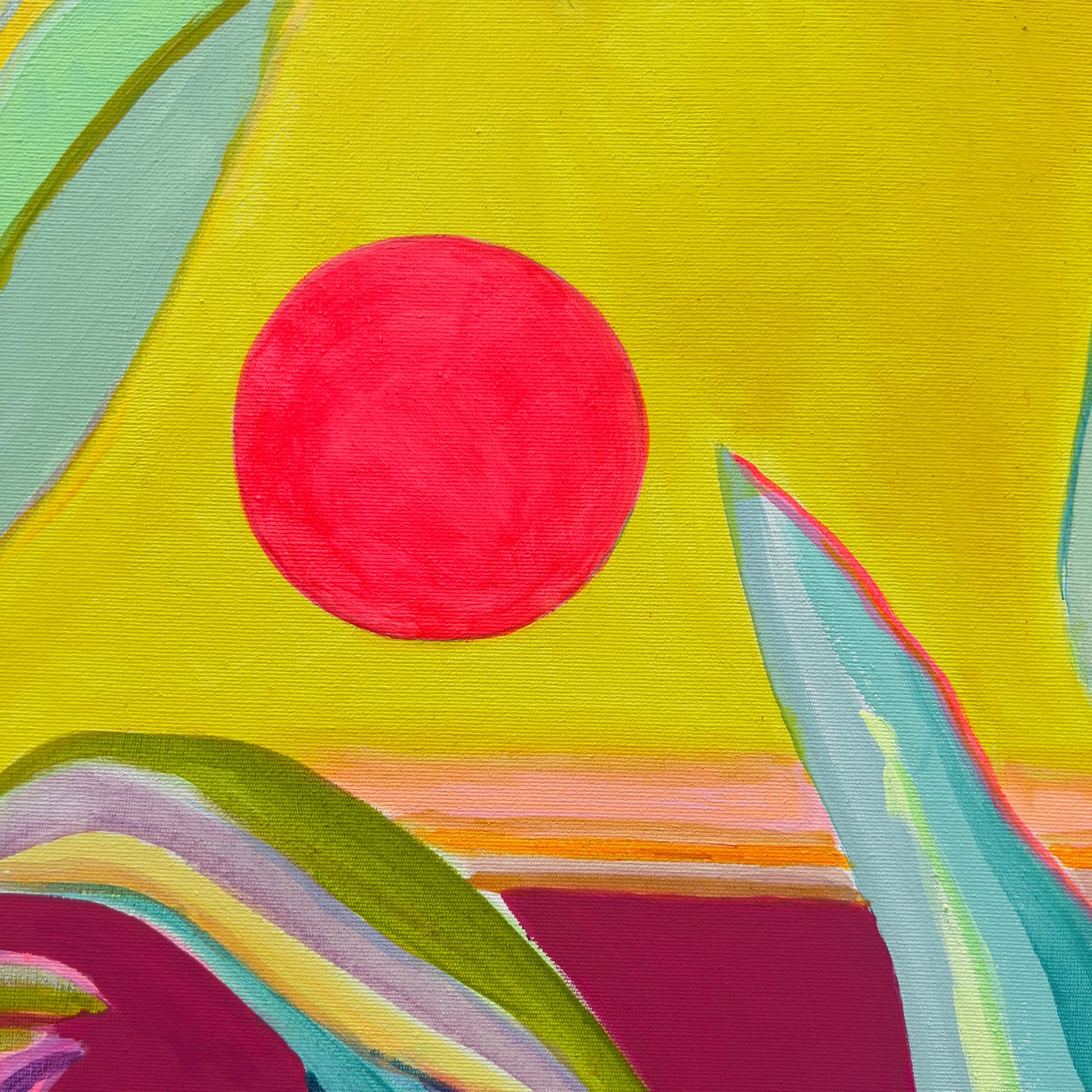 red sun detail of escapist dreamscape colourful painting