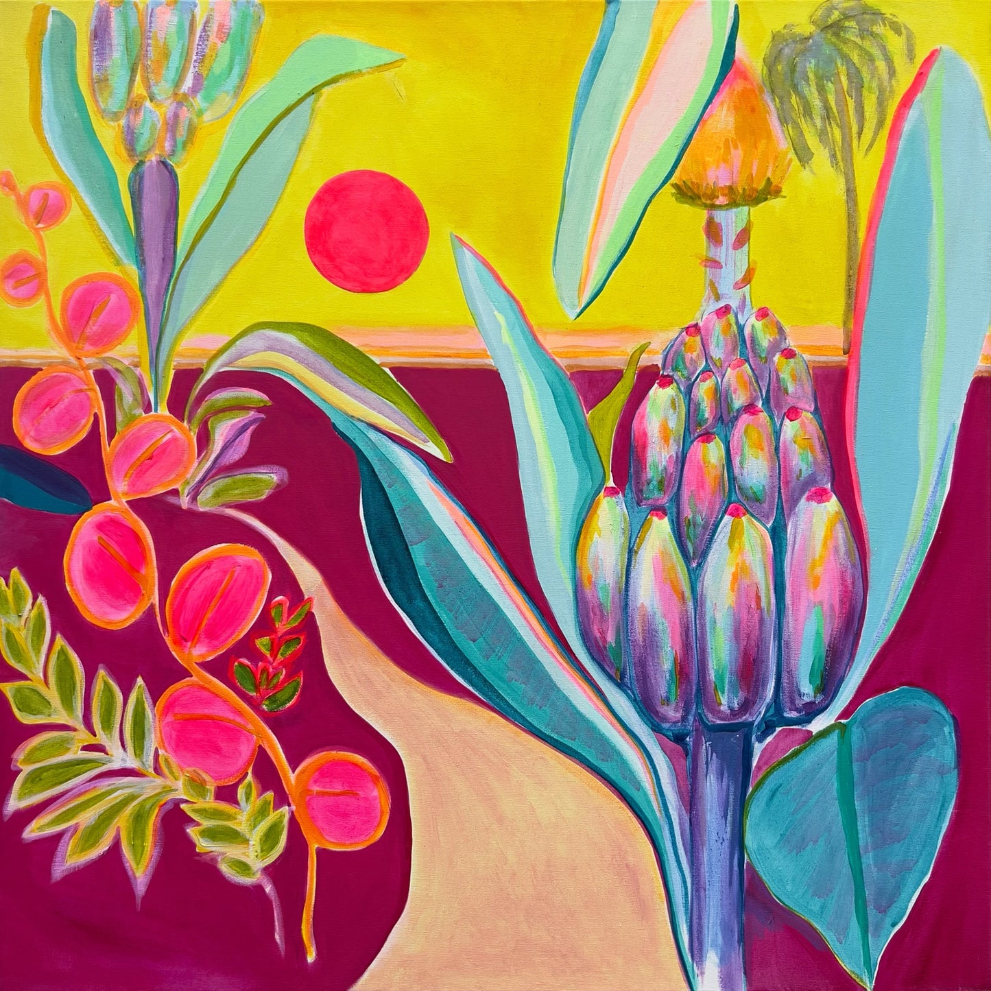 Colorful abstract painting with floral elements on a yellow and pink background

