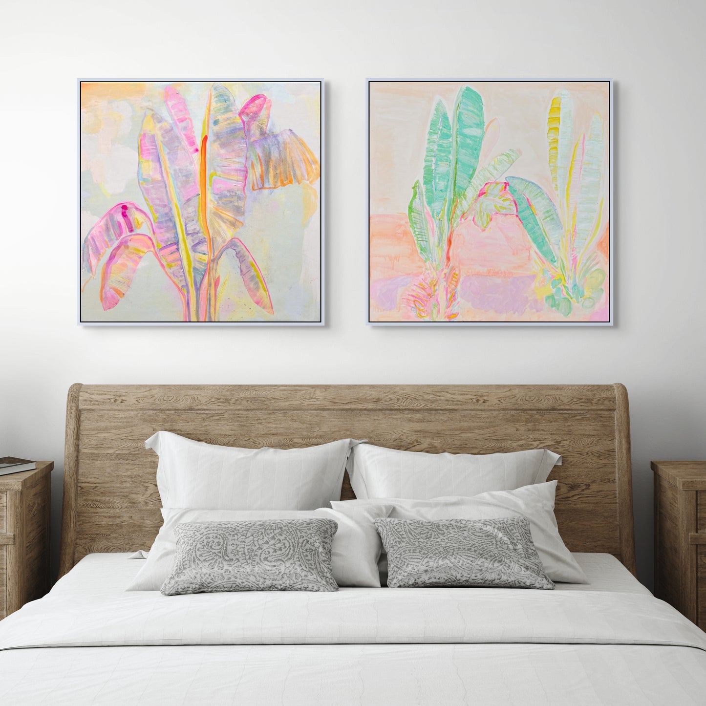 Botanical print set by Kathryn Sillince featuring Peachy Banana Dreams and Red Sunset Banana Leaves Study artwork images.