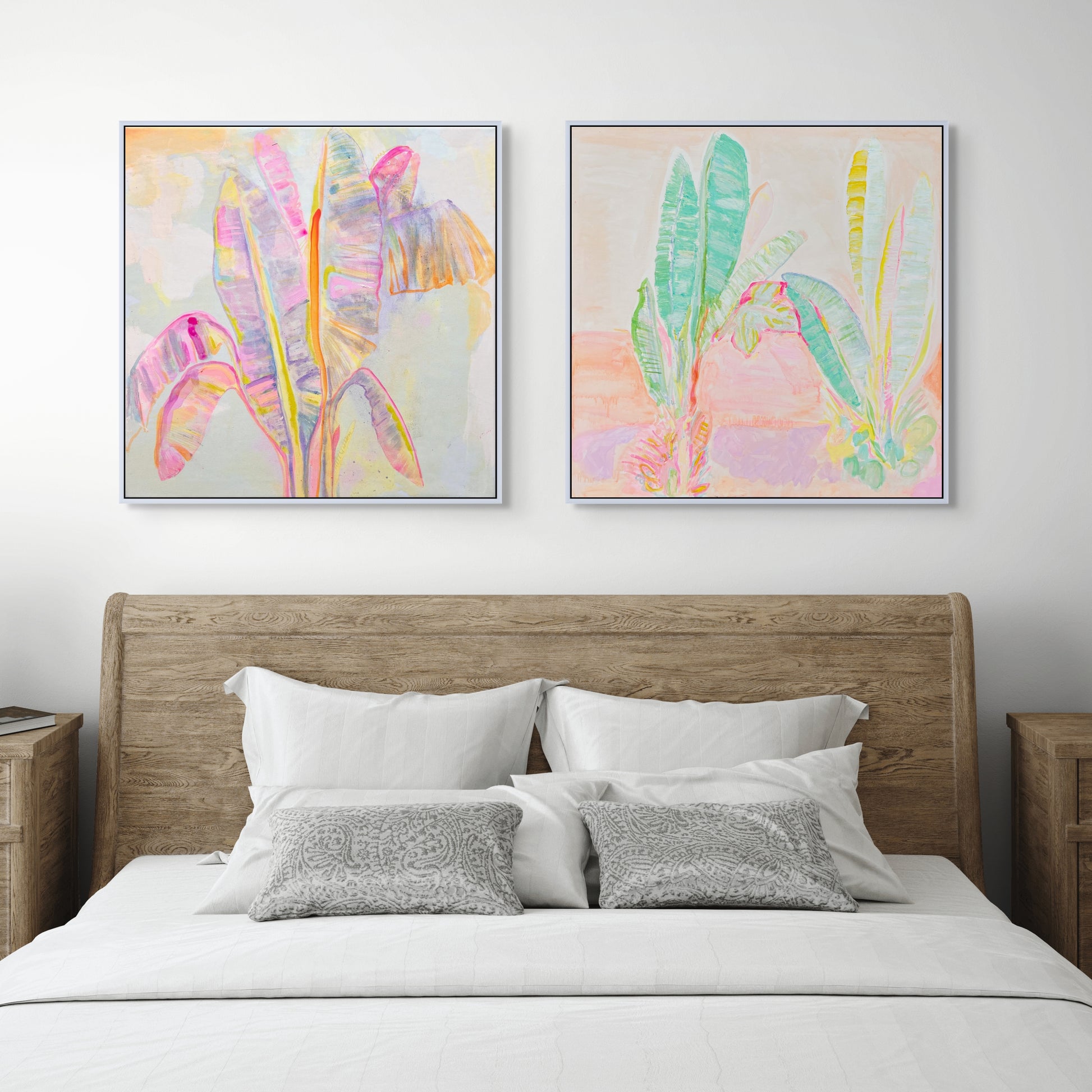 Botanical print set by Kathryn Sillince featuring Peachy Banana Dreams and Red Sunset Banana Leaves Study artwork images.